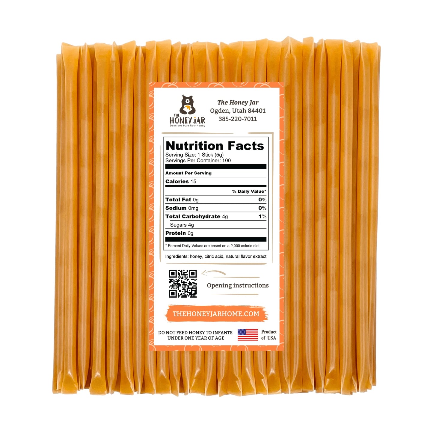 The Honey Jar Peach Flavored Honey Sticks - Pure Honey Straws - 100 Count