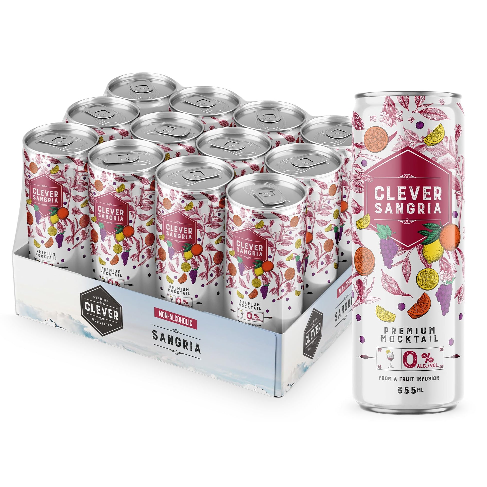 Clever Mojito Nonalcoholic Sangria Mocktails, Low-Calorie Refreshing Beverages, Pack of 12 Cans (12 oz Each)