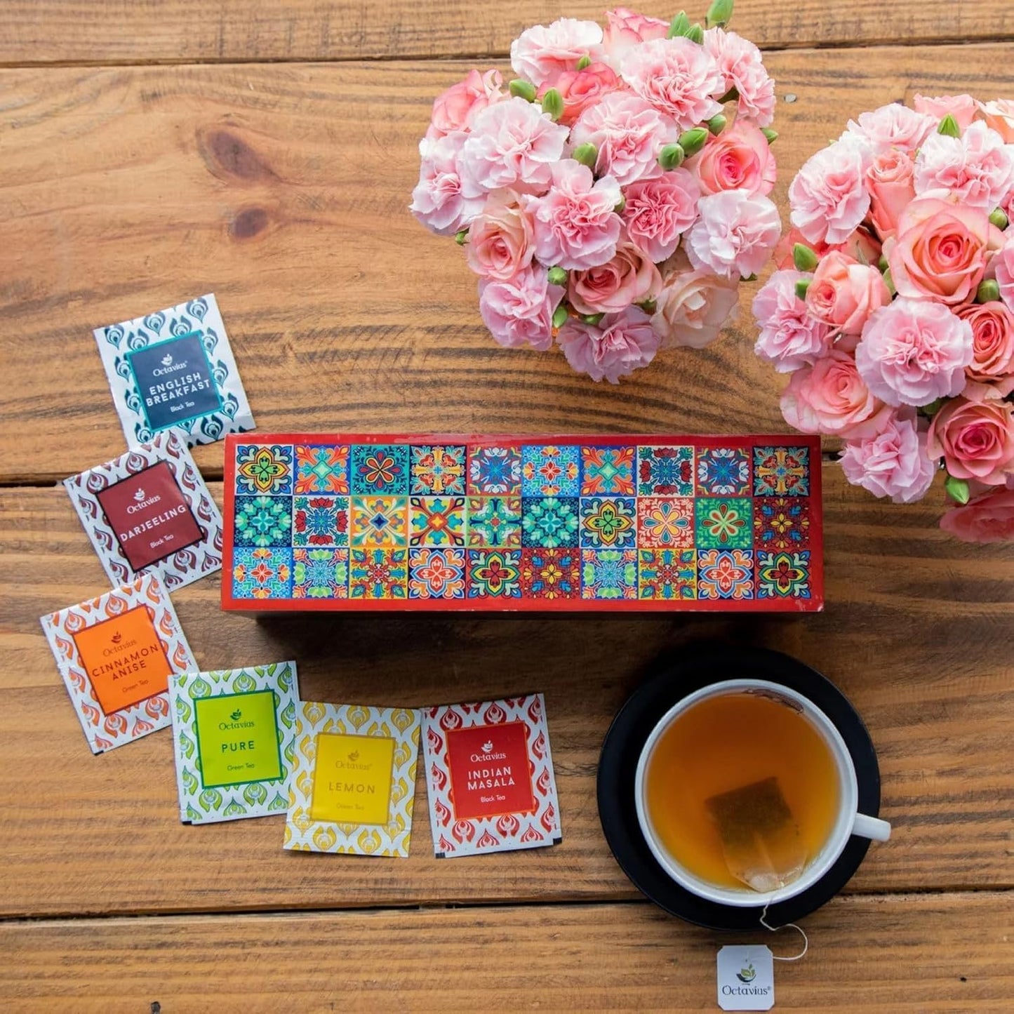 Octavius - Assorted Tea Variety Pack In Tile Motif Design Wooden Box | 6 Flavors, 60 Tea Bags | Black & Green Tea | Tea Gifts For Women & Men
