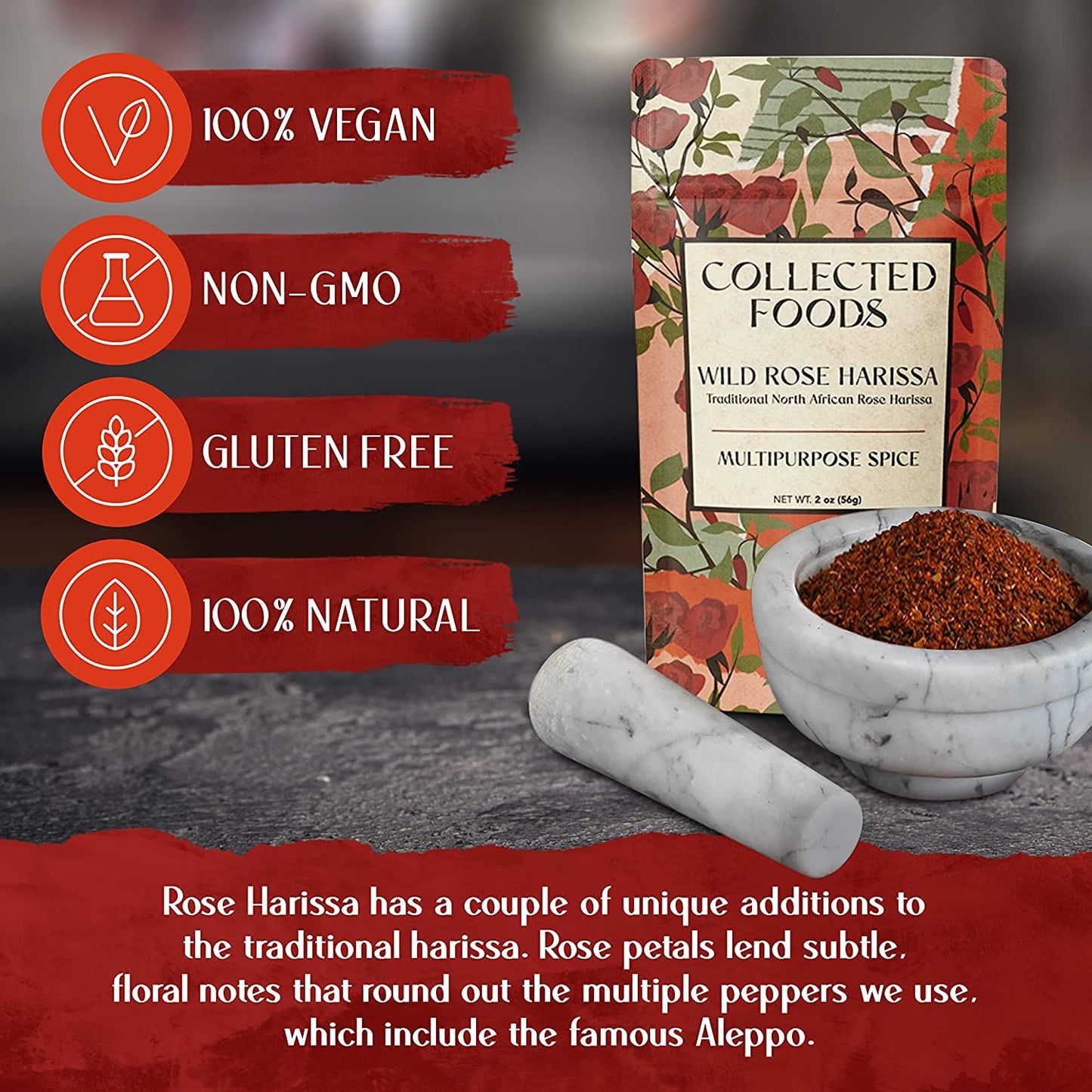 Collected Foods Premium Rose Harissa Spice - Small-Batch Blend, 2 oz (Pack of 3) - Perfect for Roasted Veggies, Grilled Meats & Fish