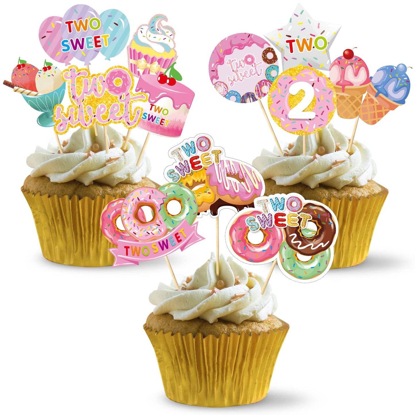48Pcs Donut Party Decorations Two Sweet Birthday Cupcake Toppers, Donut Grow Up Theme Donut 2Nd Birthday Cake Topper Supplies Fo