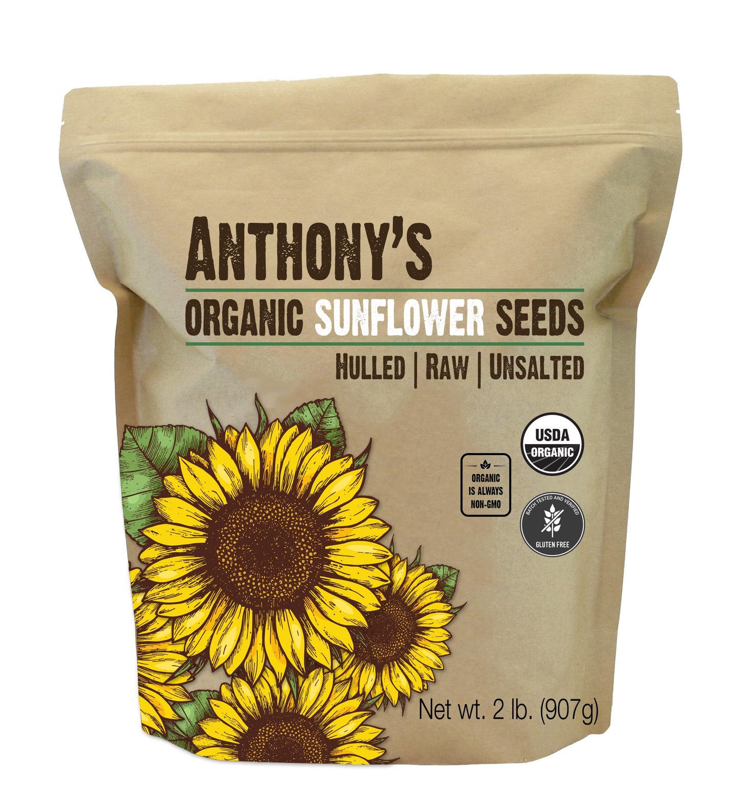 Anthonys Organic Hulled Sunflower Seeds, 2 lb, Raw, Unsalted, Batch Tested and Gluten Free, Keto Friendly