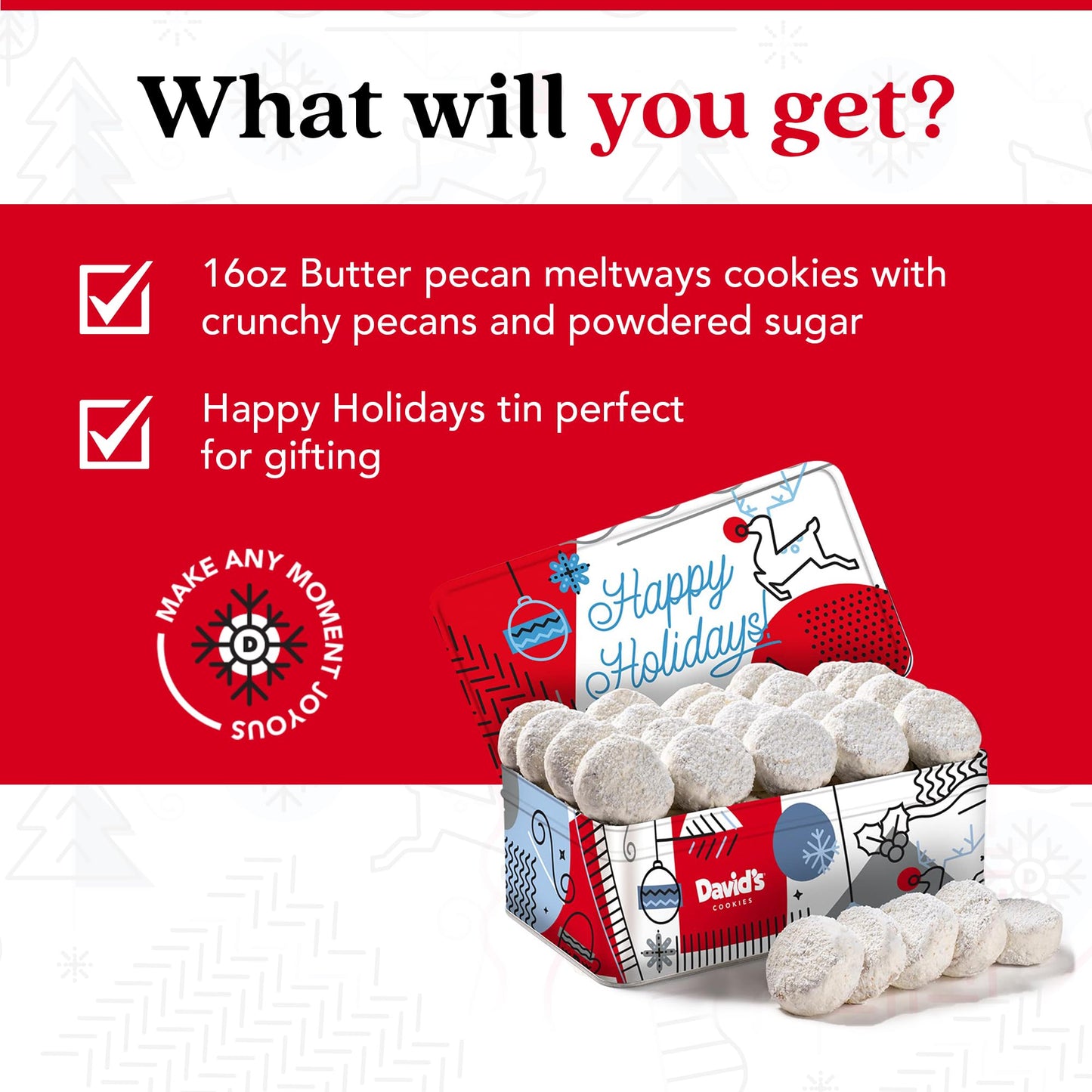 Davids Cookies Happy Holiday Butter Pecan Meltaway Cookies Gift Basket - Butter Cookies With Crunchy Pecans - Soft And Gourmet M