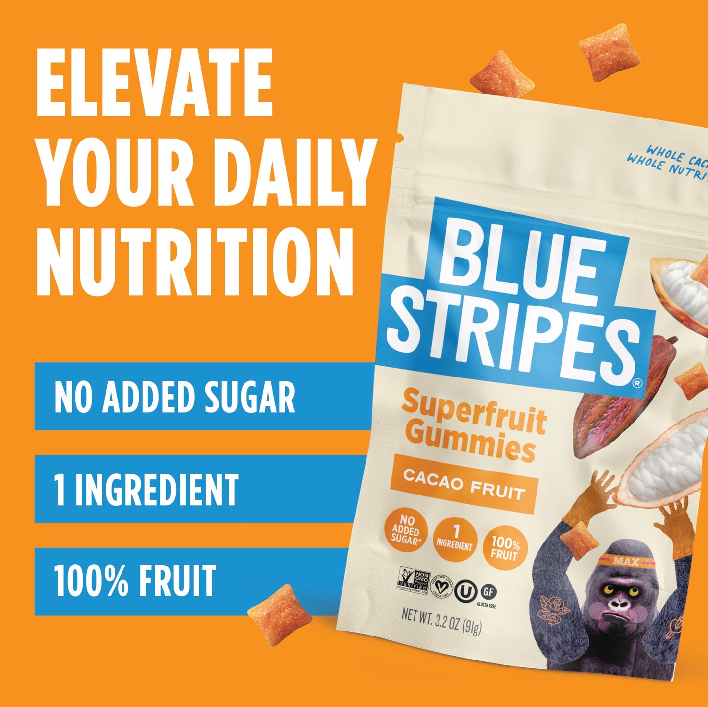 Blue Stripes Cacao Superfruit Gummies - Vegan Chewy Fruity Snack, No Sugar Added 100% Fruit Gummy, 9 Essential Vitamins & Minera