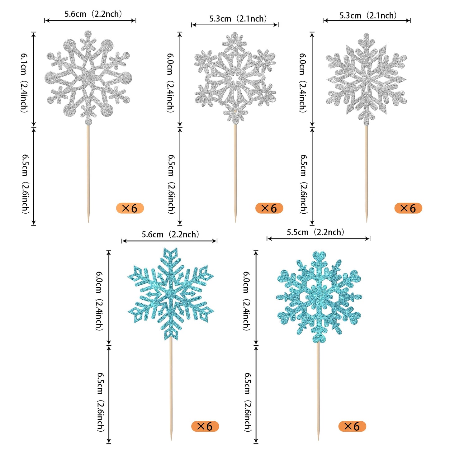 YCTHUNFISH 30 Pack Cupcake Toppers - Glitter Snowflake Picks - Light Blue - Perfect for Christmas, Baby Shower, Kids Birthday Party