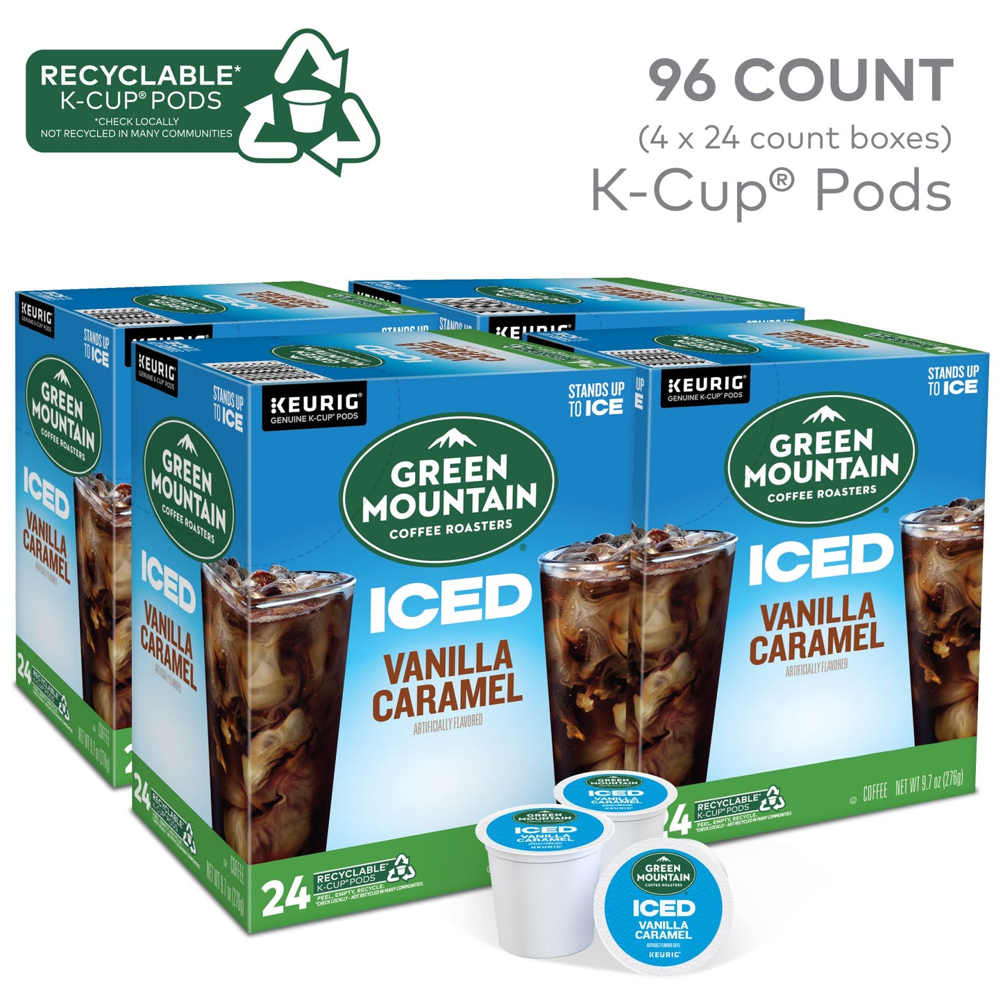 Green Mountain Coffee Roasters Iced Vanilla Caramel, Single Serve Keurig K-Cup Pods, Flavored Iced Coffee, 96 Count (4 Packs Of 24)