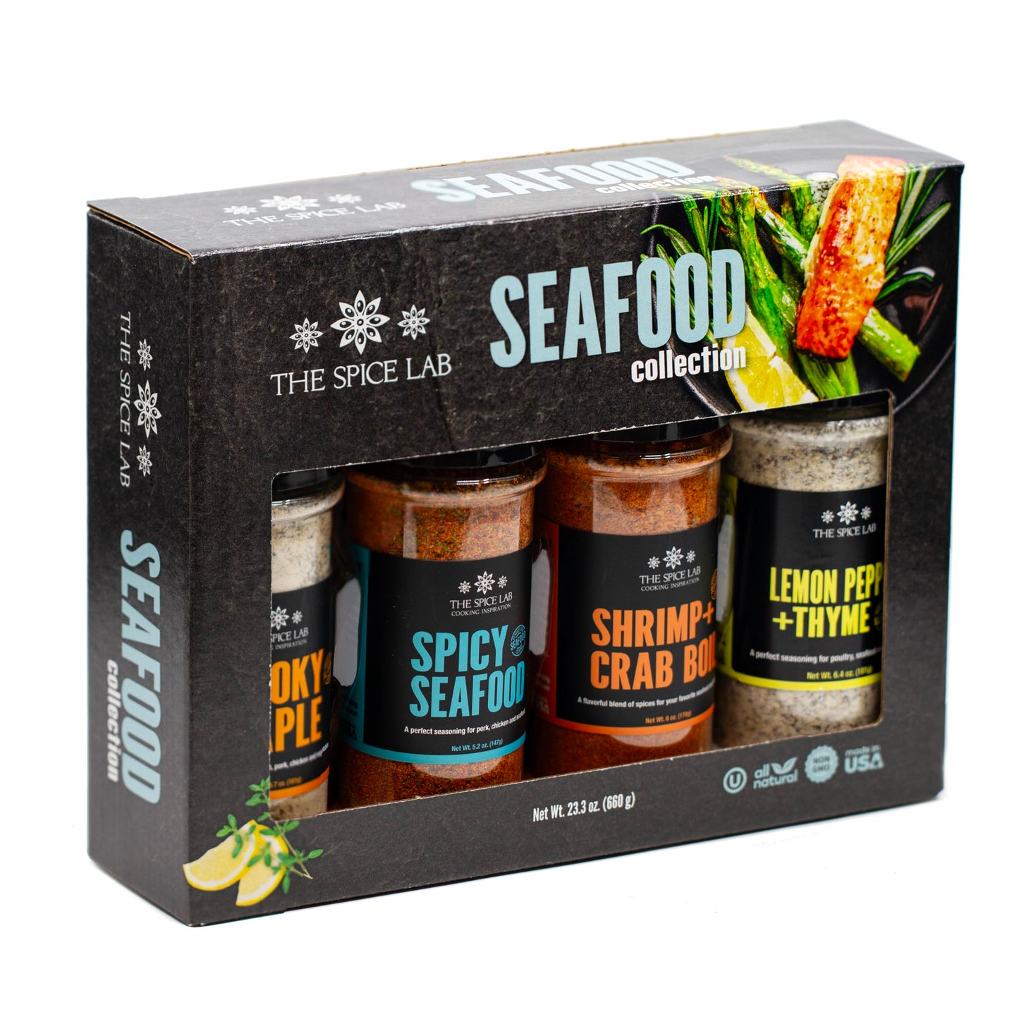 The Spice Lab Seafood Seasoning Set - 4 Pack - Smoky Maple, Shrimp Boil, Spicy Seafood, Lemon Pepper - 5.83 Ounce - Gift for Men or Dad