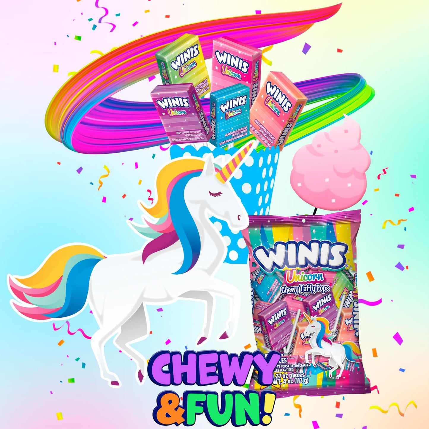 Winis Unicorn | Chewy Taffy Pops | Cotton Candy Flavored | Sharing Size 4.3 Oz Bag - 15 Pieces