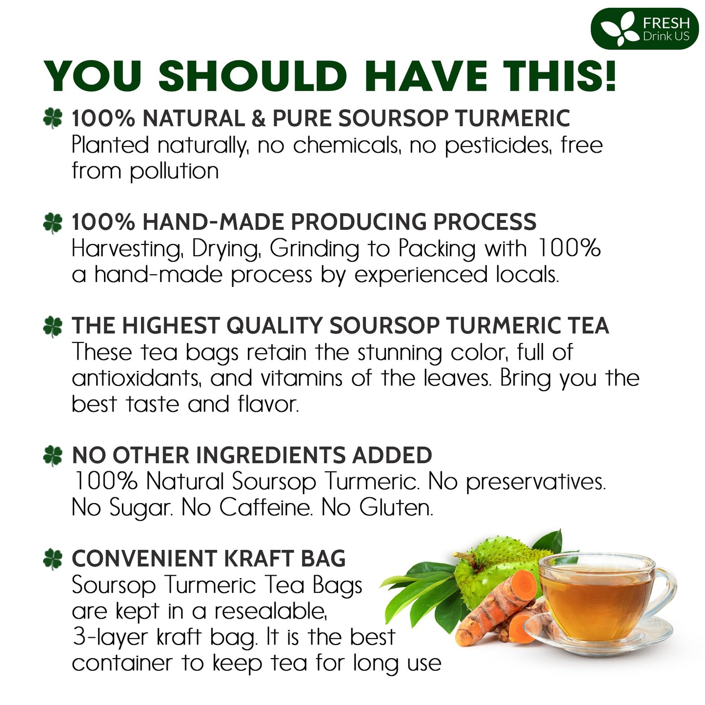FRESHDRINKUS Premium Soursop Turmeric Tea Bags, 100% Natural, Vegan, 40 Special Bags