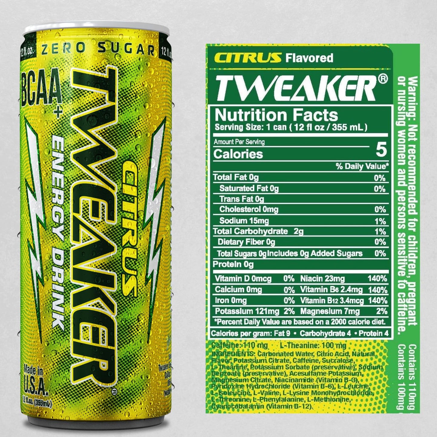Tweaker Energy Drink Pre Workout, Sugar Free, Low Calorie, 110 mg Caffeine, 12 oz, Pack of 12, Citrus Flavor