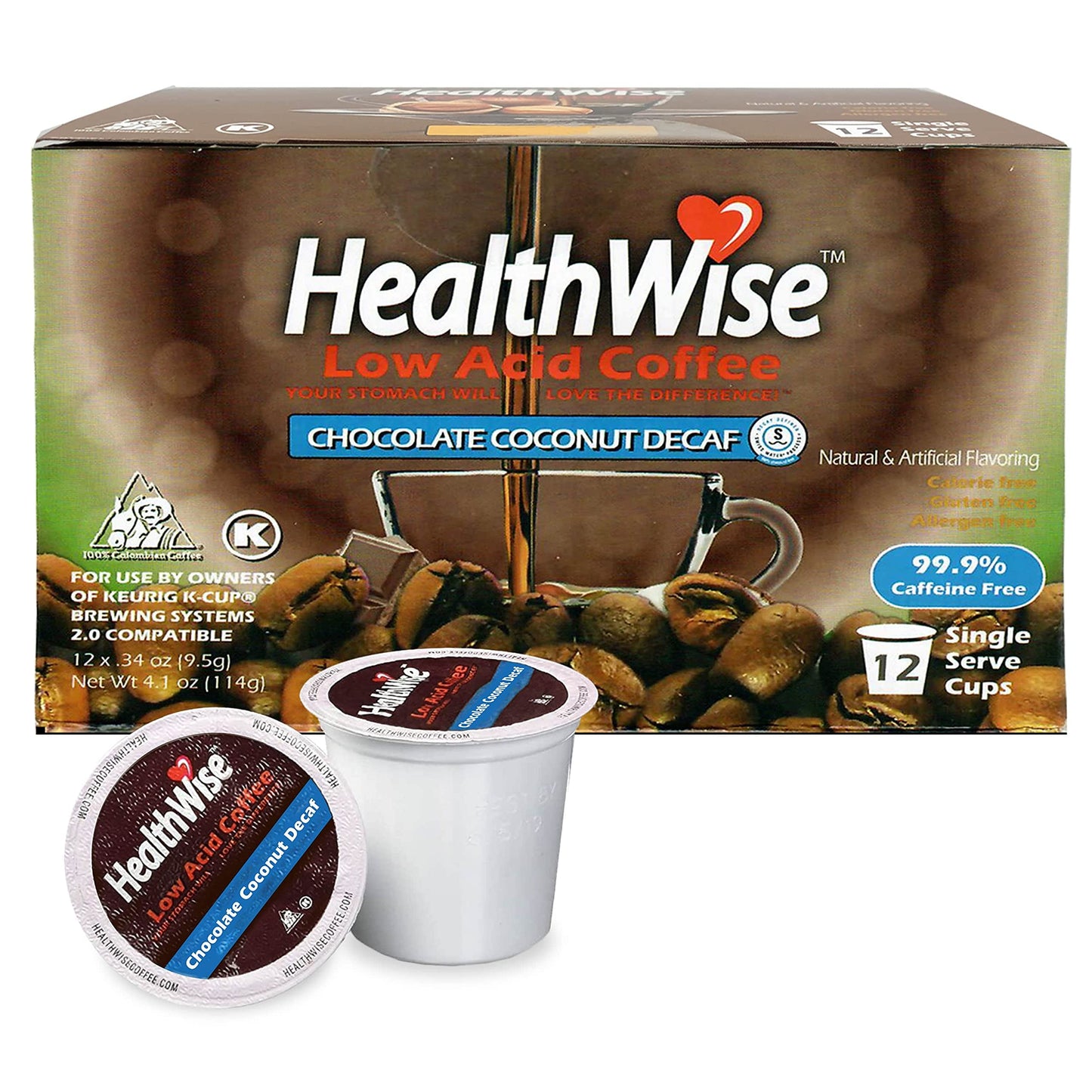 Healthwise Chocolate Coconut Decaf Low Acid Coffee K-Cups - Swiss Water Process - Acid Reflux, Heartburn, Gastro Issues - Health