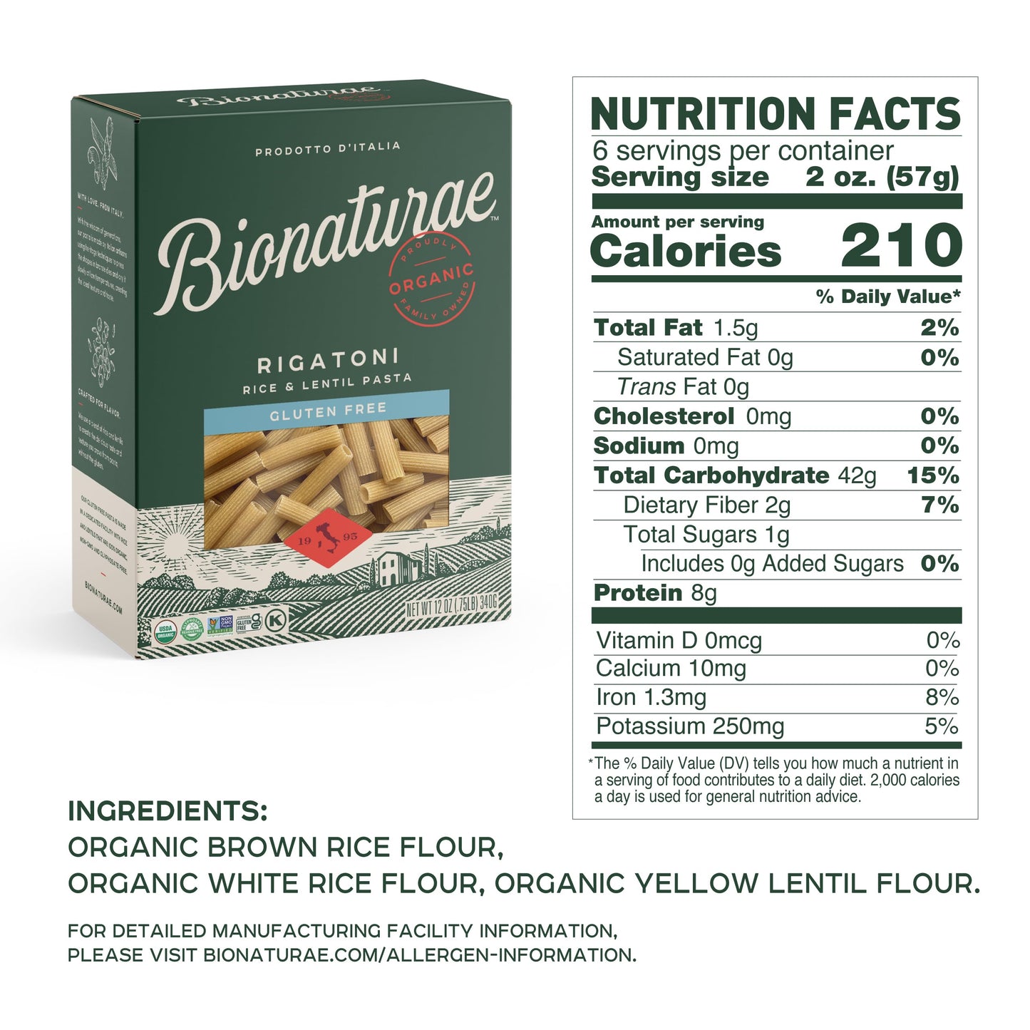 Bionaturae Rigatoni Pasta Noodles - Gluten Free Rigatoni Pasta Organic, Rice & Lentil Pasta, Kosher, High Protein, Non-Gmo, Glut
