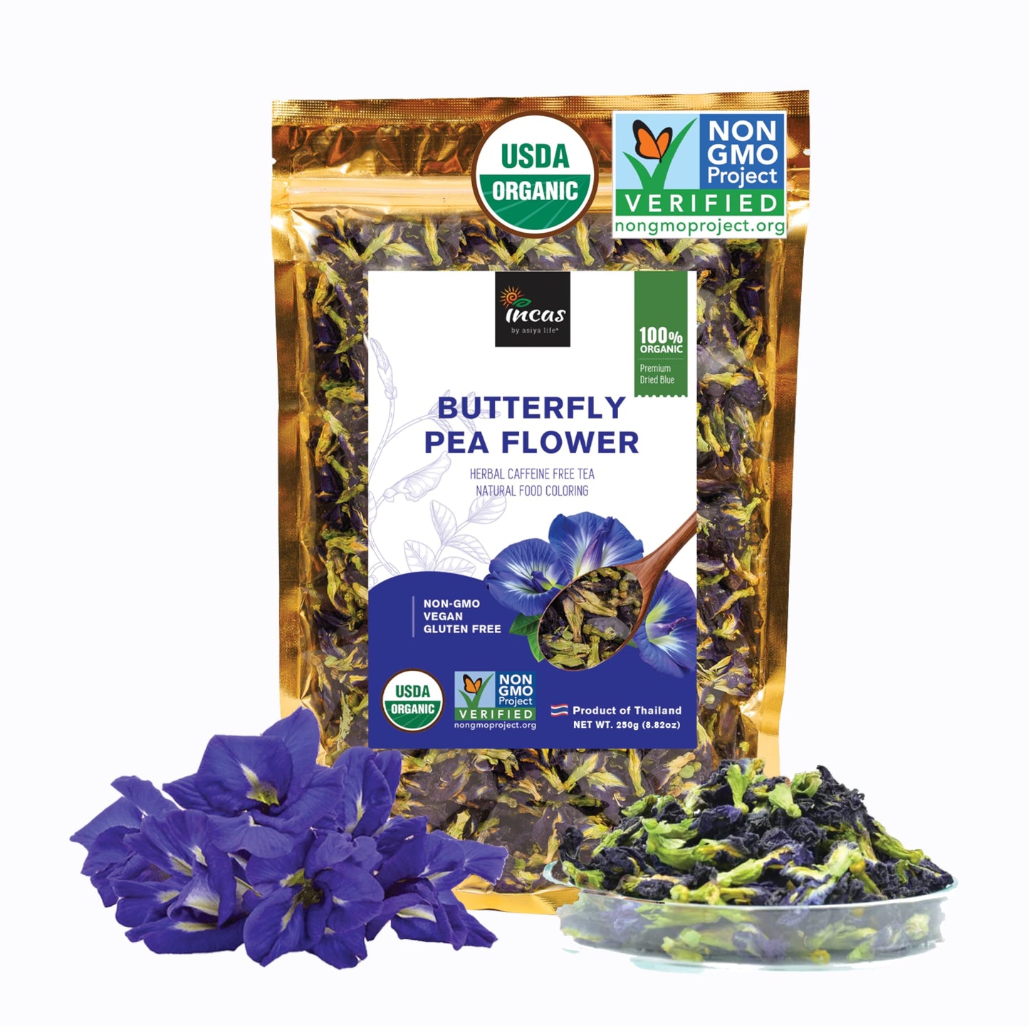 Incas by Asiya Life Butterfly Pea Flower 8.82 oz Non-GMO Vegan Gluten-Free Antioxidant-Rich Dried Tea