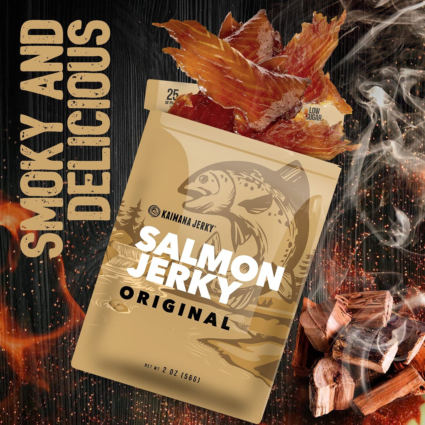 Kaimana Jerky Wild Caught Salmon Jerky - Organic Smoked Fish Strips, Low-Calorie, 2oz Pack
