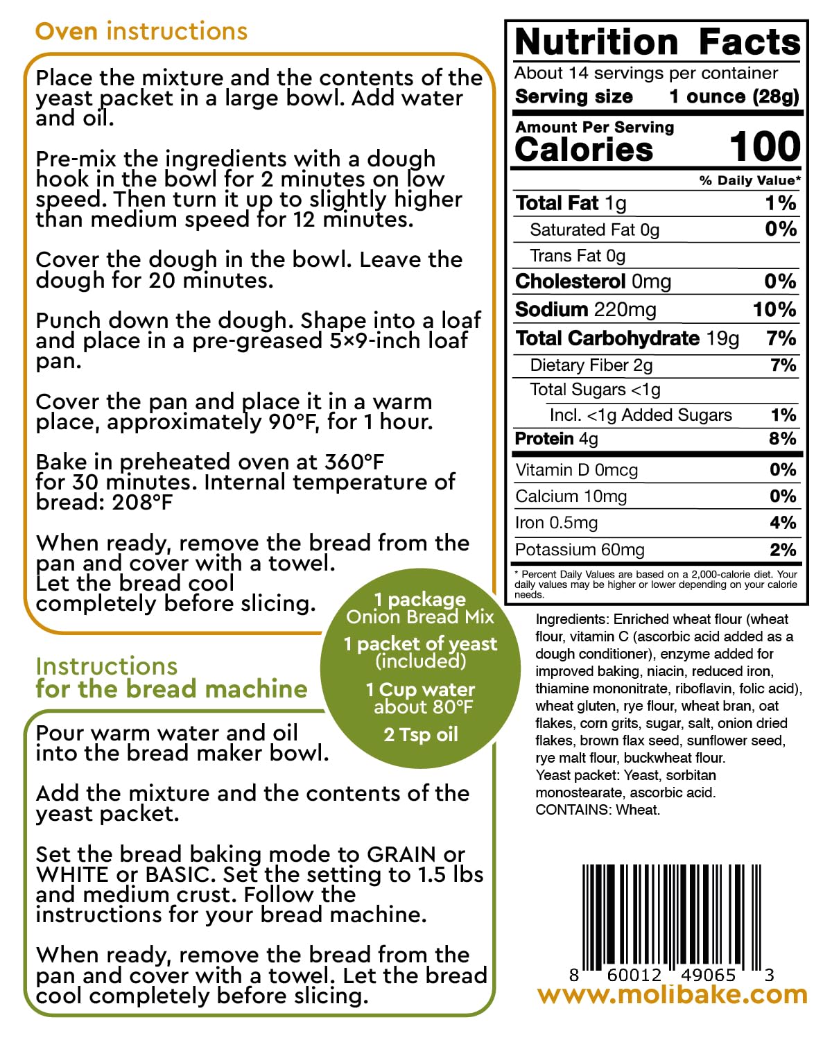 Molibake Onion Bread Mix - All-Natural Baking Mix for Bread Machine & Oven - Pack of 4 - 14 oz with Dried Onion Flakes & Sunflower Seeds