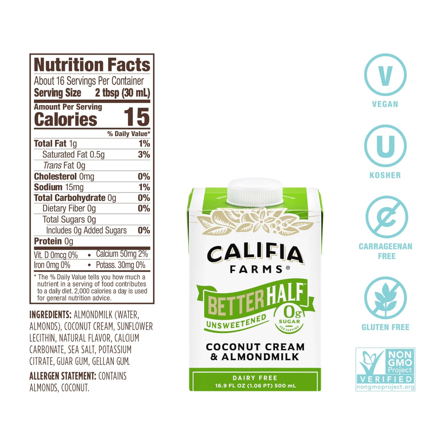 Califia Farms - Unsweetened Better Half, Half and Half Substitute, 16.9 Oz, Almond Milk, Coconut Cream, Coffee Creamer, Keto, Sh