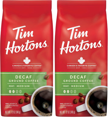 Tim Hortons 100% Arabica Medium Roast, Decaffeinated, Ground Coffee, 12 Ounce (Pack of 2)