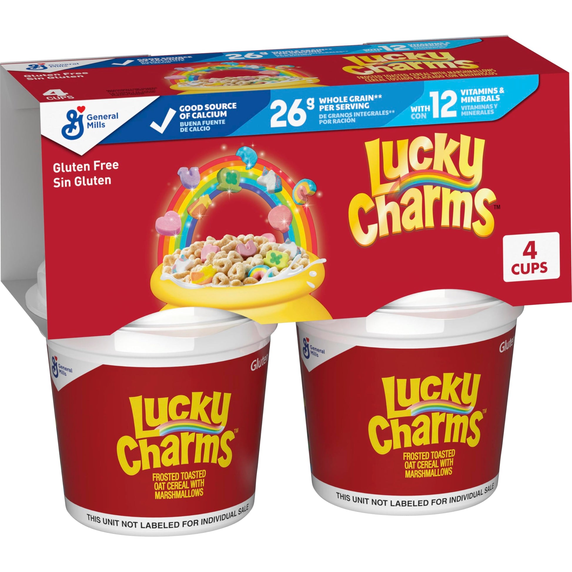 Lucky Charms Gluten Free Cereal with Marshmallows, Kids Breakfast Cereal, Made with Whole Grain, 4 Cereal Cups, 6.8 oz