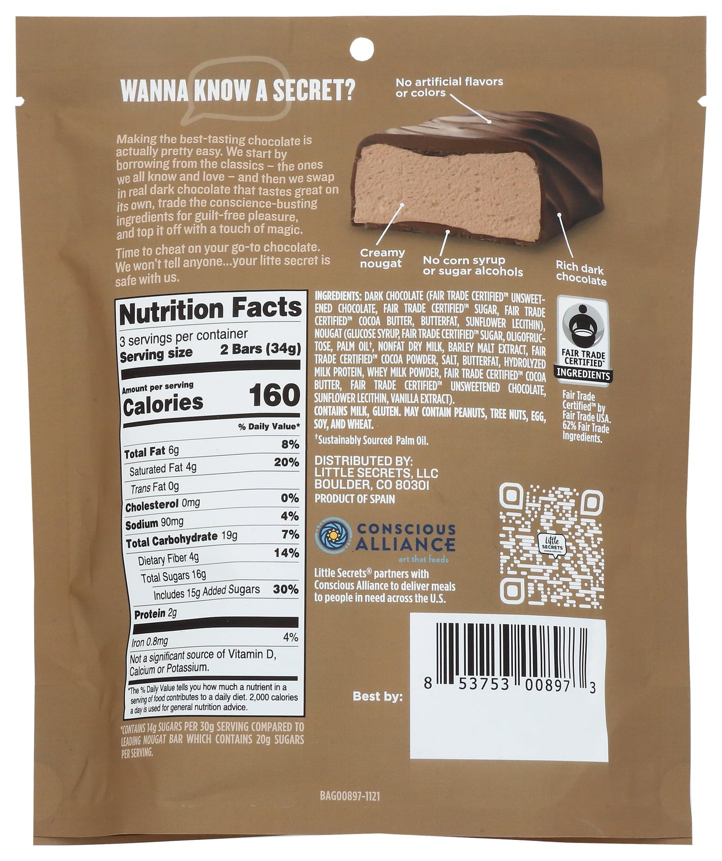 Little Secrets Cocoa Dark Chocolate Mini Nougat Bars, 3.6 Oz