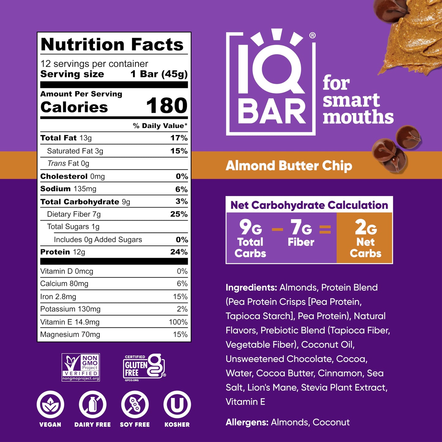 IQBAR Plant Protein Bars - Almond Butter Chip - 36 Count - Low Carb, Gluten Free, High Fiber, Vegan Snacks