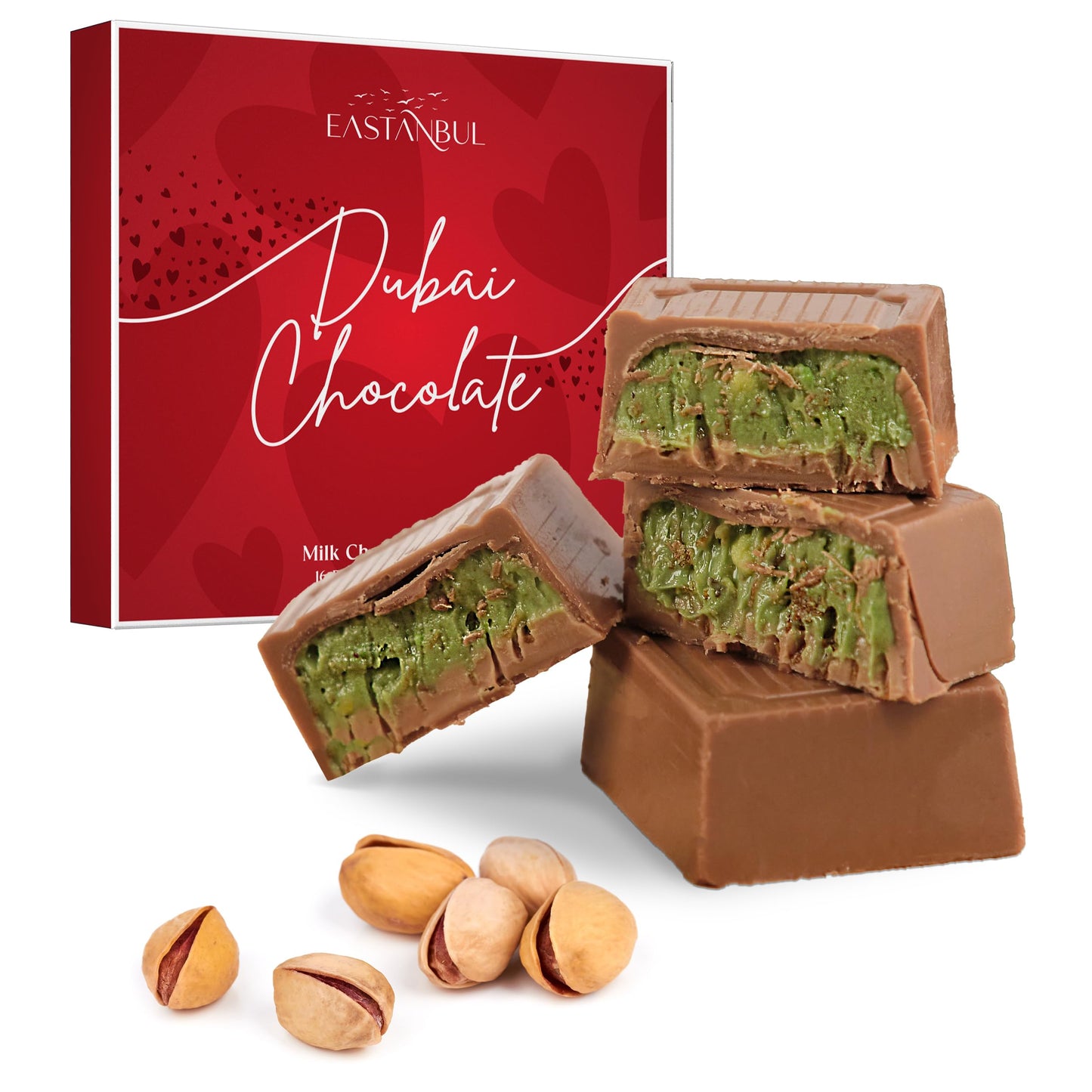 Eastanbul Dubai Chocolate Bar Pistachio  11.3Oz  Top-Grade Pistachio Dubai Chocolate Bar  16 Pieces Bites With Shredded Phyllo Dough  Knafeh  Viral Candy  Valentines Day Gift