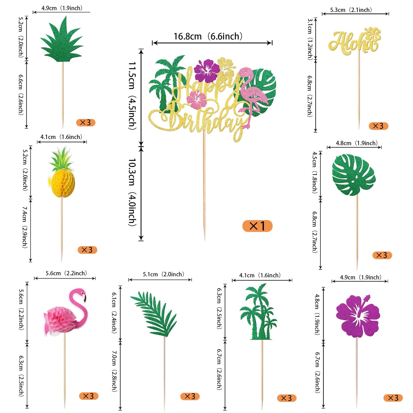 Rssta i Tropical Luau Cupcake Toppers, Happy Birthday Flamingo, Palm Tree, Pineapple, Paper, 6x8 inches, Design 10, 25 Pack
