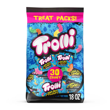 Trolli Mini Sour Brite Crawlers, Candy, Cherry-Lemon, Strawberry-Grape & Orange-Lime, Sweet And Sour, Gummy Worms, Halloween Can