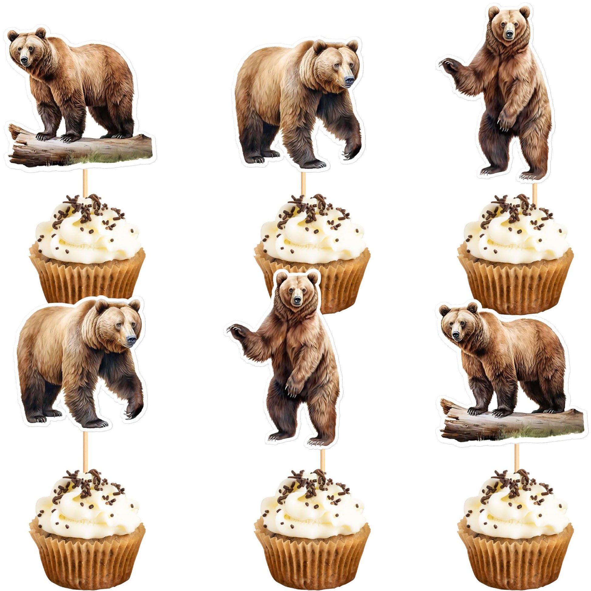 Ercadio 24 Pack Brown Bear Cupcake Toppers Brown Bear Cupcake Picks Animal Cupcake Picks Brown Bear Birthday Cupcake Decorations