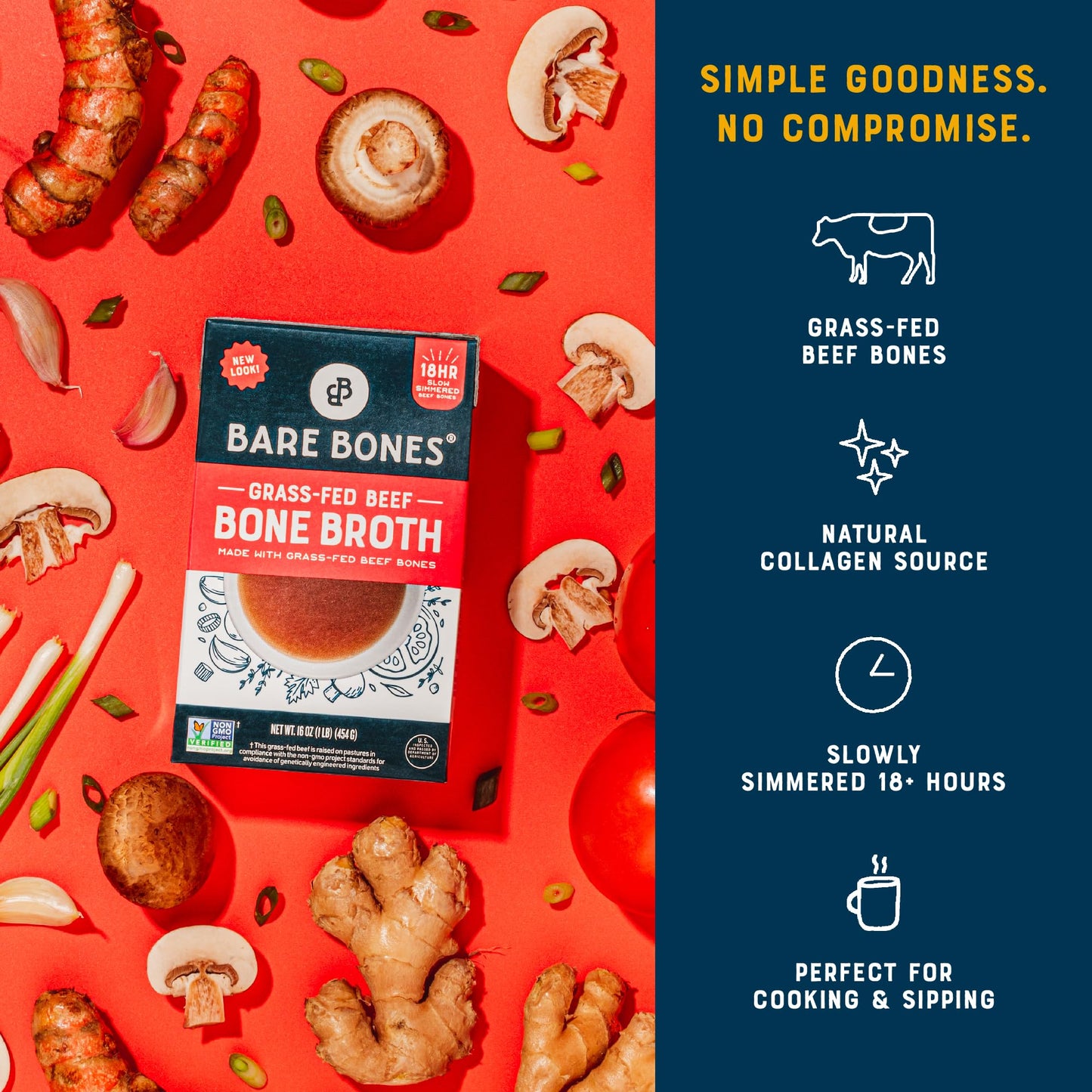 Bare Bones Beef Bone Broth, Grass-Fed, Non-GMO, Gluten & Dairy-Free, 16oz Carton, 8 Pack