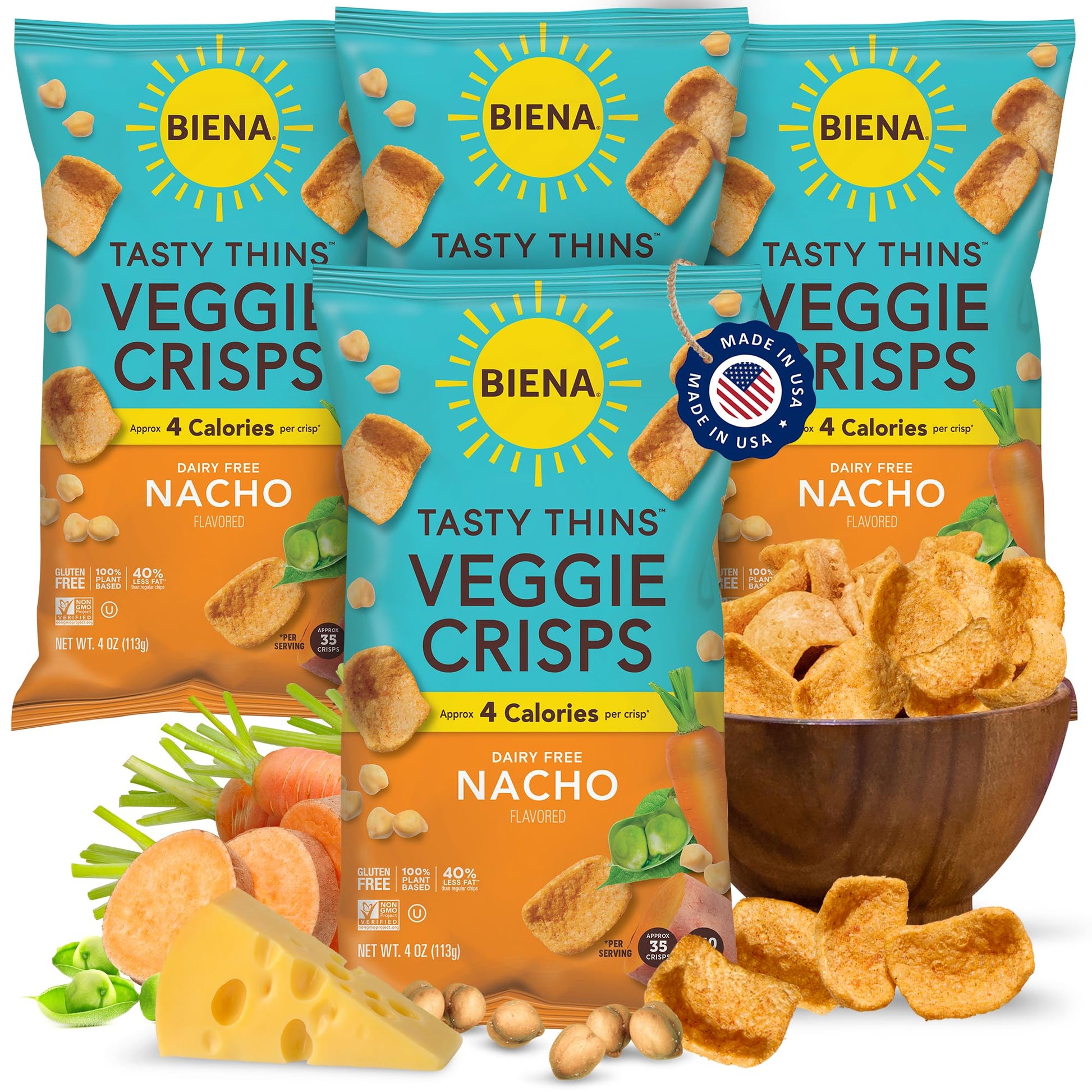 BIENA Tasty Thins Veggie Crisps - Low Calorie Veggie Chips for Adults and Kids - 4-Pack, 4 Ounce Bags - Nacho