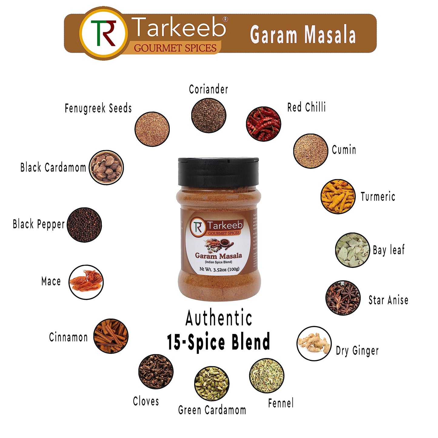 Tarkeeb Garam Masala Indian 15-Spice Blend 3.52 Oz (100G) Shaker Top Pet Jar ~ All Natural | Vegan | No Colors | Gluten Free | N