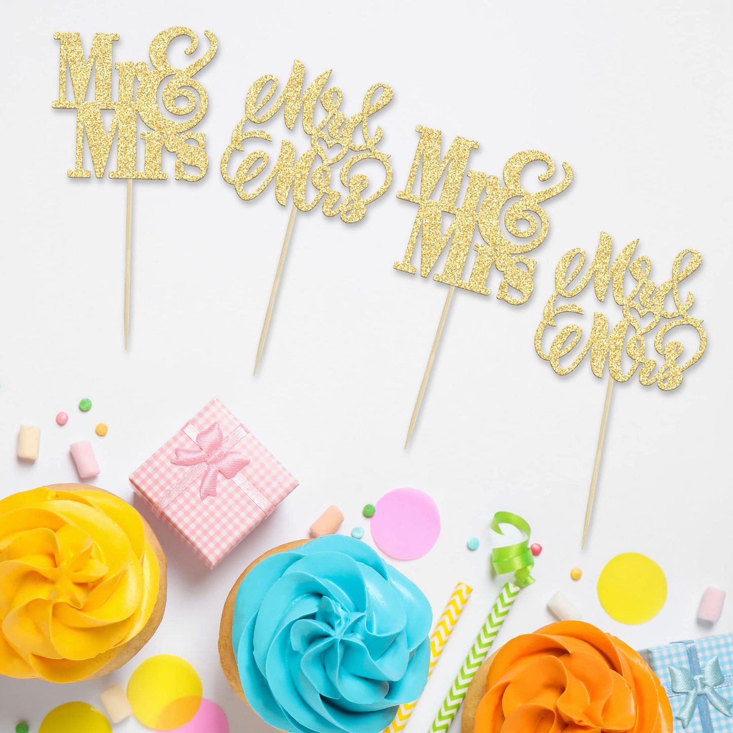 Ephlyn 24Pcs Gold Glitter Cupcake Toppers - Mr & Mrs, Bridal Shower, Wedding, Engagement, Birthday Party Decorations, Paper
