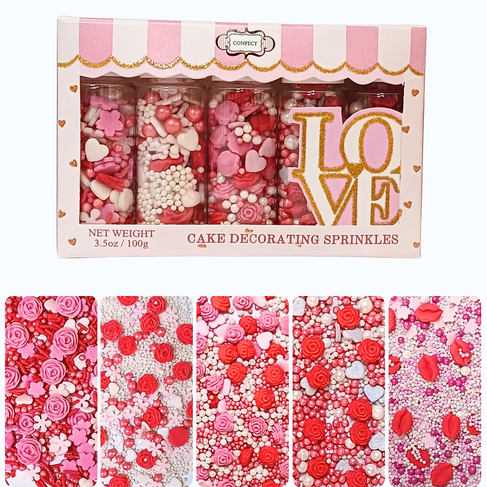 Confect Pink Mini Roses & Lips I Silver Hearts & Vermcelli And White Pearls | Sprinkles For Baking & Cake Decorative | Baby Show