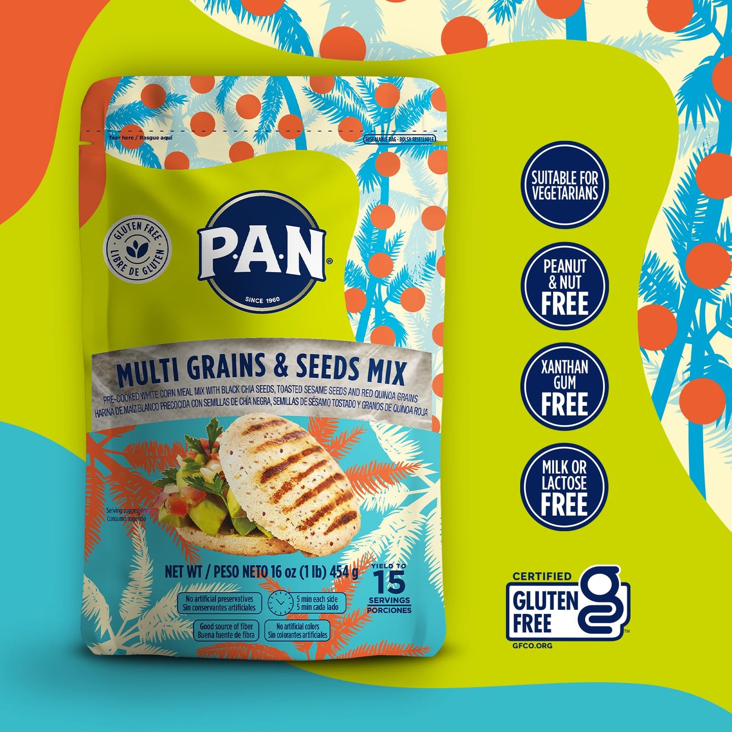 P.A.N. Multi Grains & Seeds Mix, Pre-cooked Gluten Free Flour with Chia, Sesame & Quinoa, 16 oz (Pack of 6)