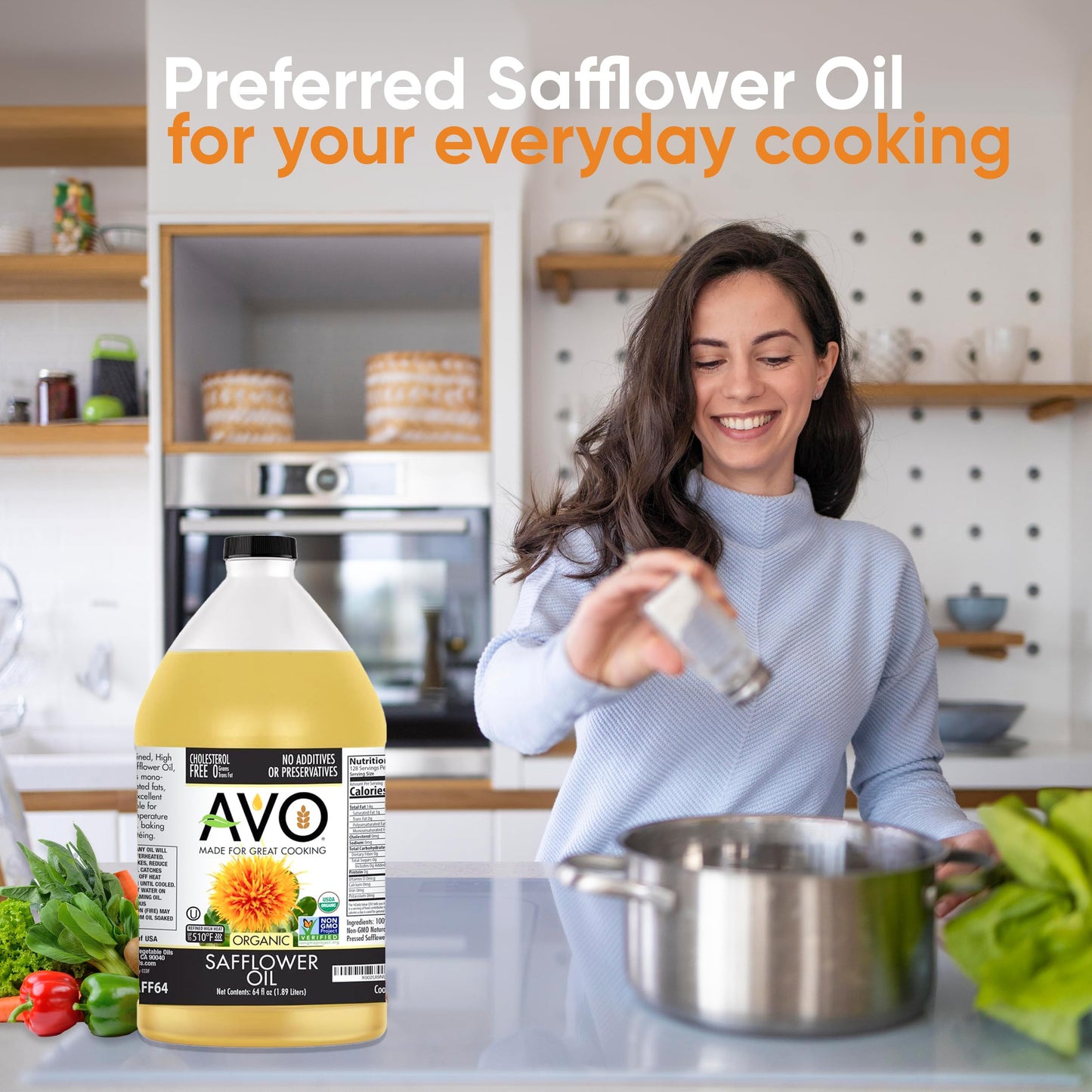 AVO Organic High Oleic Safflower Oil - Non-Stick Cooking, Baking, Frying - 64 Fl Oz (Half Gallon)
