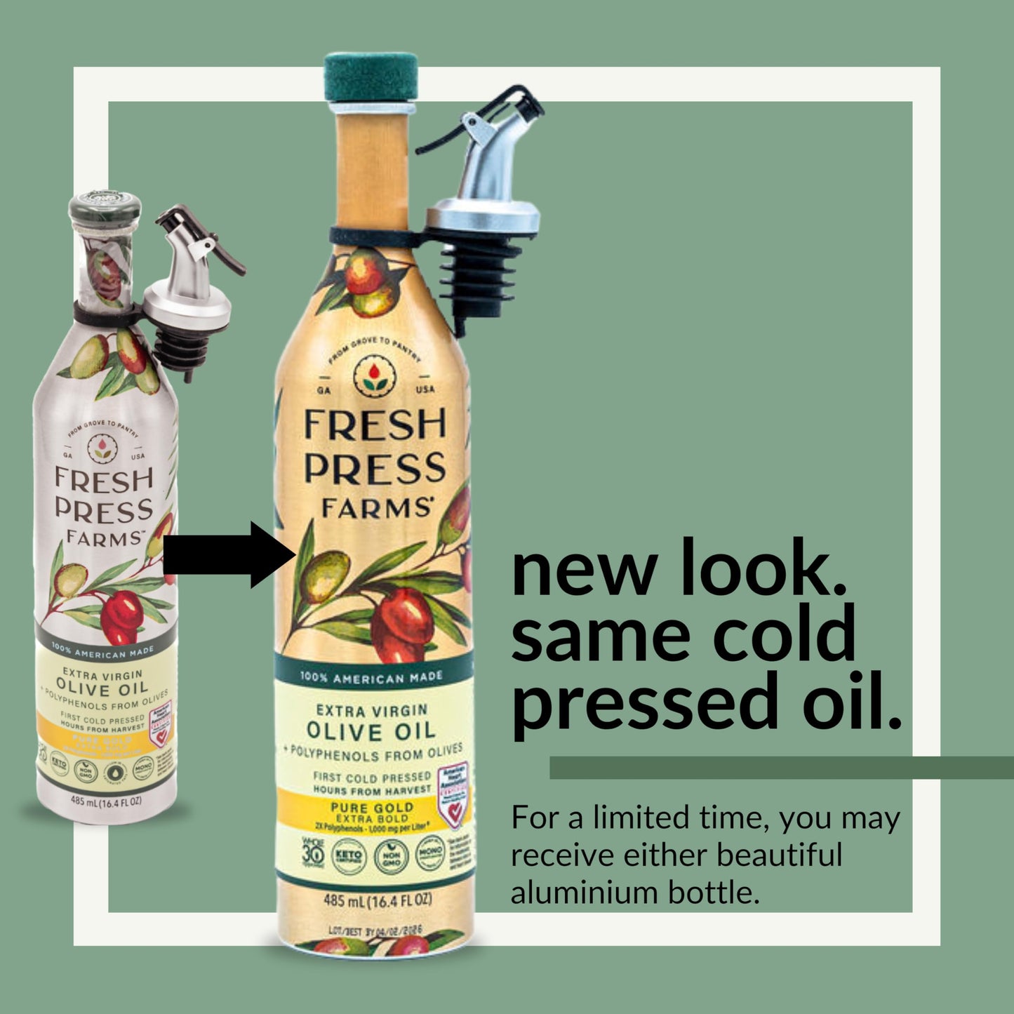 Fresh Press Farms Cold Pressed High Polyphenol Pure Gold Extra Virgin Olive Oil, 16.4 Fl Oz (Pack Of 2), Georgia Grown, 100% Ame