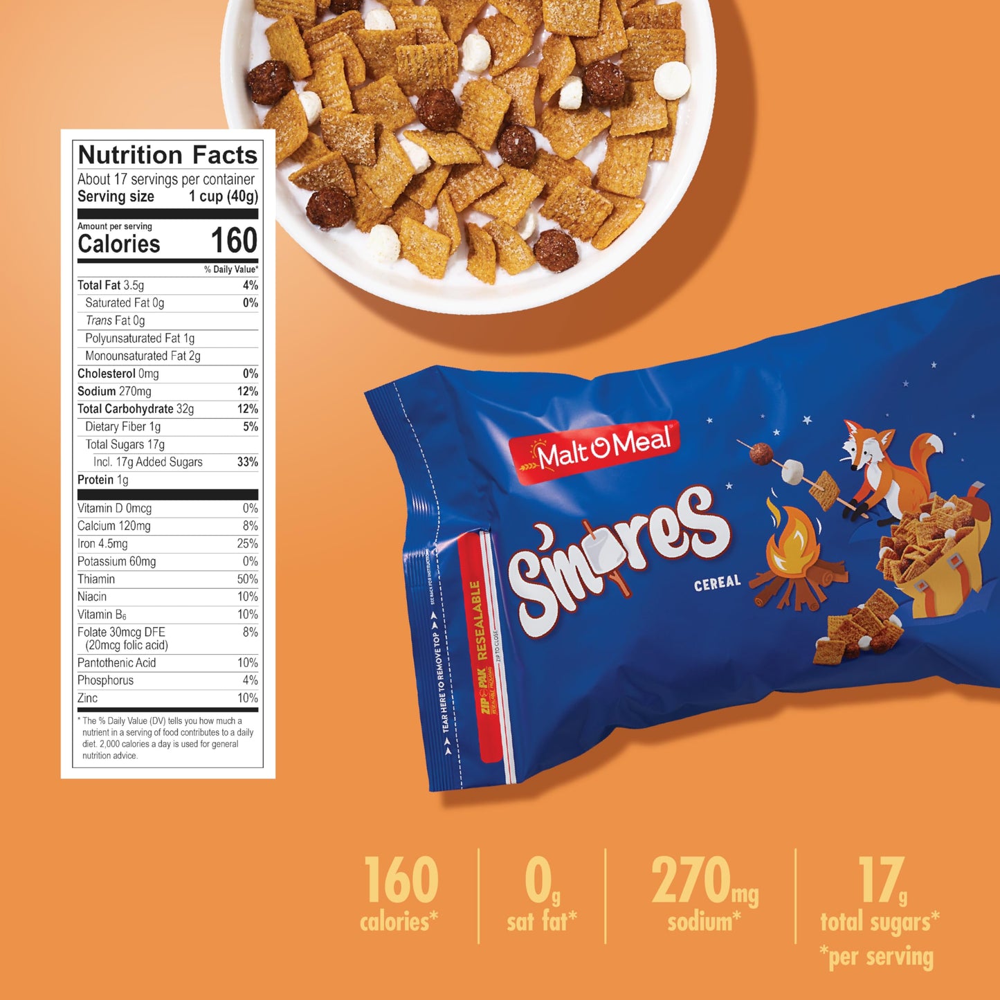 Malt-O-Meal Smores Breakfast Cereal, Chocolatey Puffs & Marshmallow Bits, 24 OZ Resealable Bag