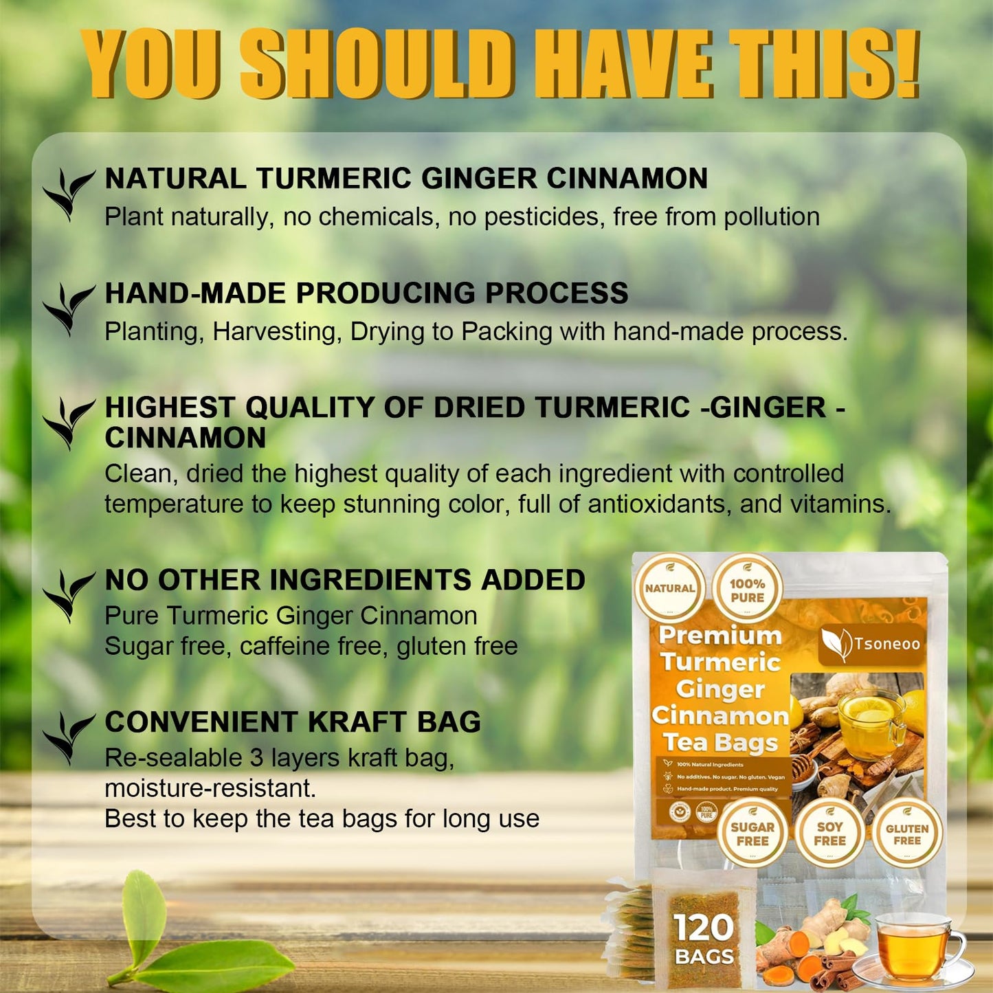 tsoneoo Premium Turmeric Ginger Cinnamon Tea Bags, 100% Natural, Caffeine-Free, 1 BOX