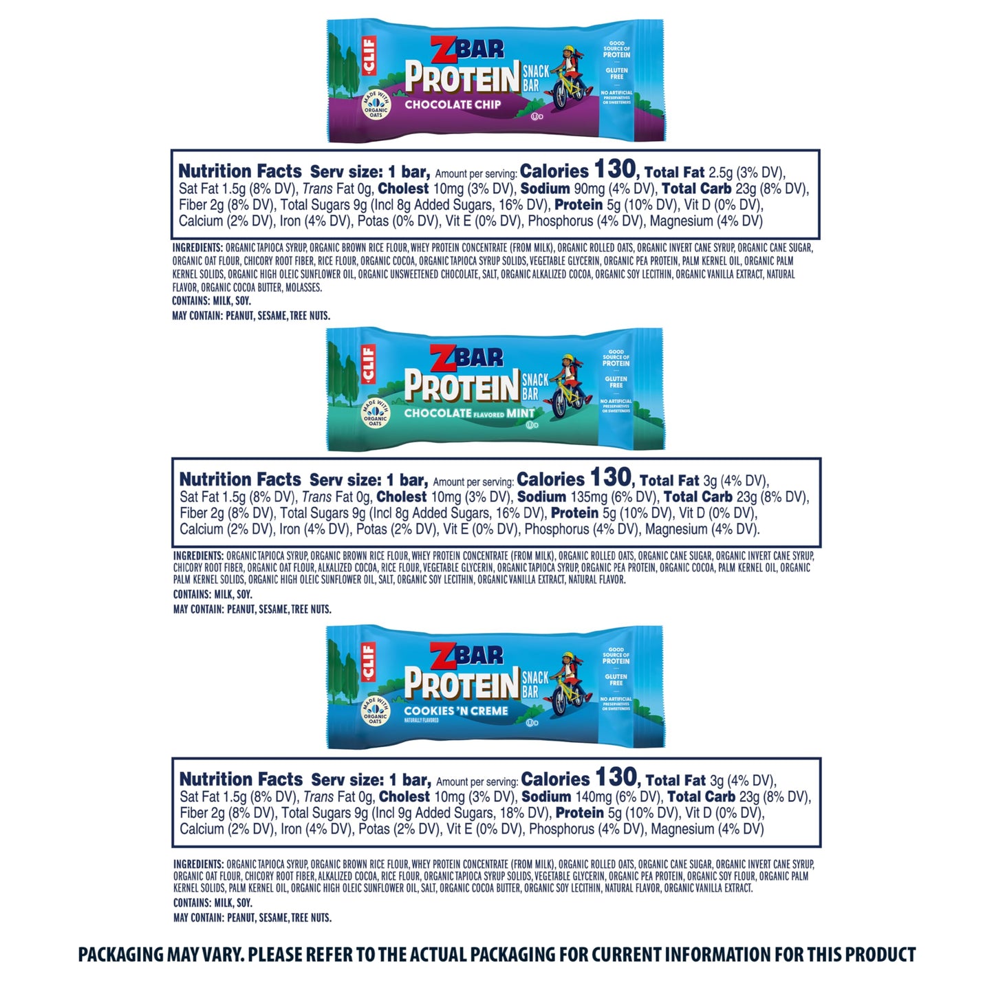 Zbar Protein - Chocolate Chip, Chocolate Mint, And Cookies N Creme - Variety Pack - Crispy Snack Bars - Made With Organic Oats - Non-Gmo - 5G Protein - Gluten Free Protein Bars (30 Pack)