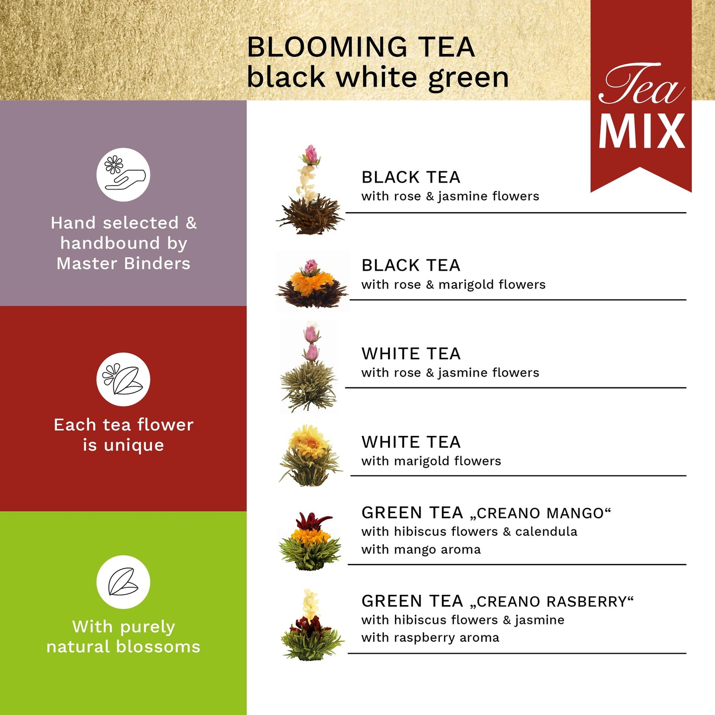Creano Blooming Tea Gift Set with Glass Teapot, 6 Varieties of White, Green & Black Tea, Black, White & Green Color