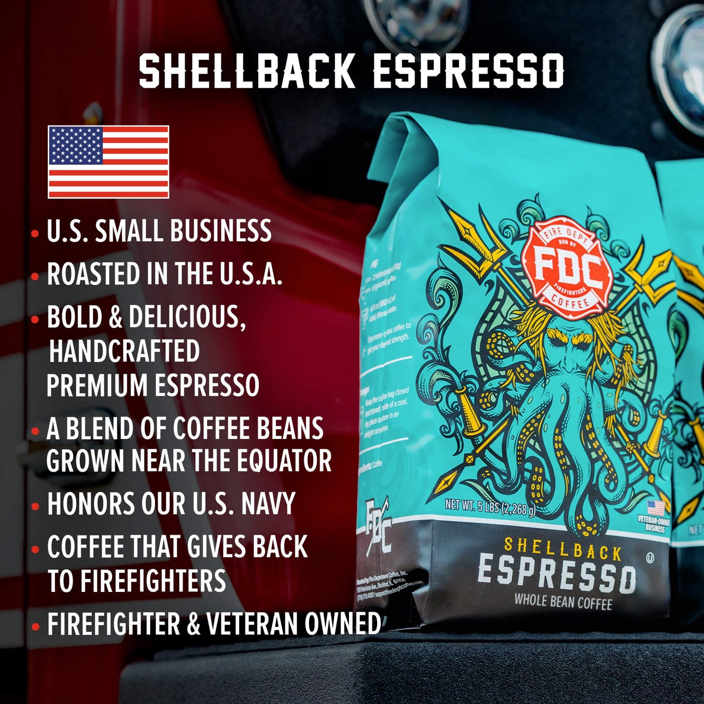 Fire Department Coffee Shellback Espresso Beans - Bold & Smooth - 5 LB Bulk - Veteran Owned - Roasted in the USA