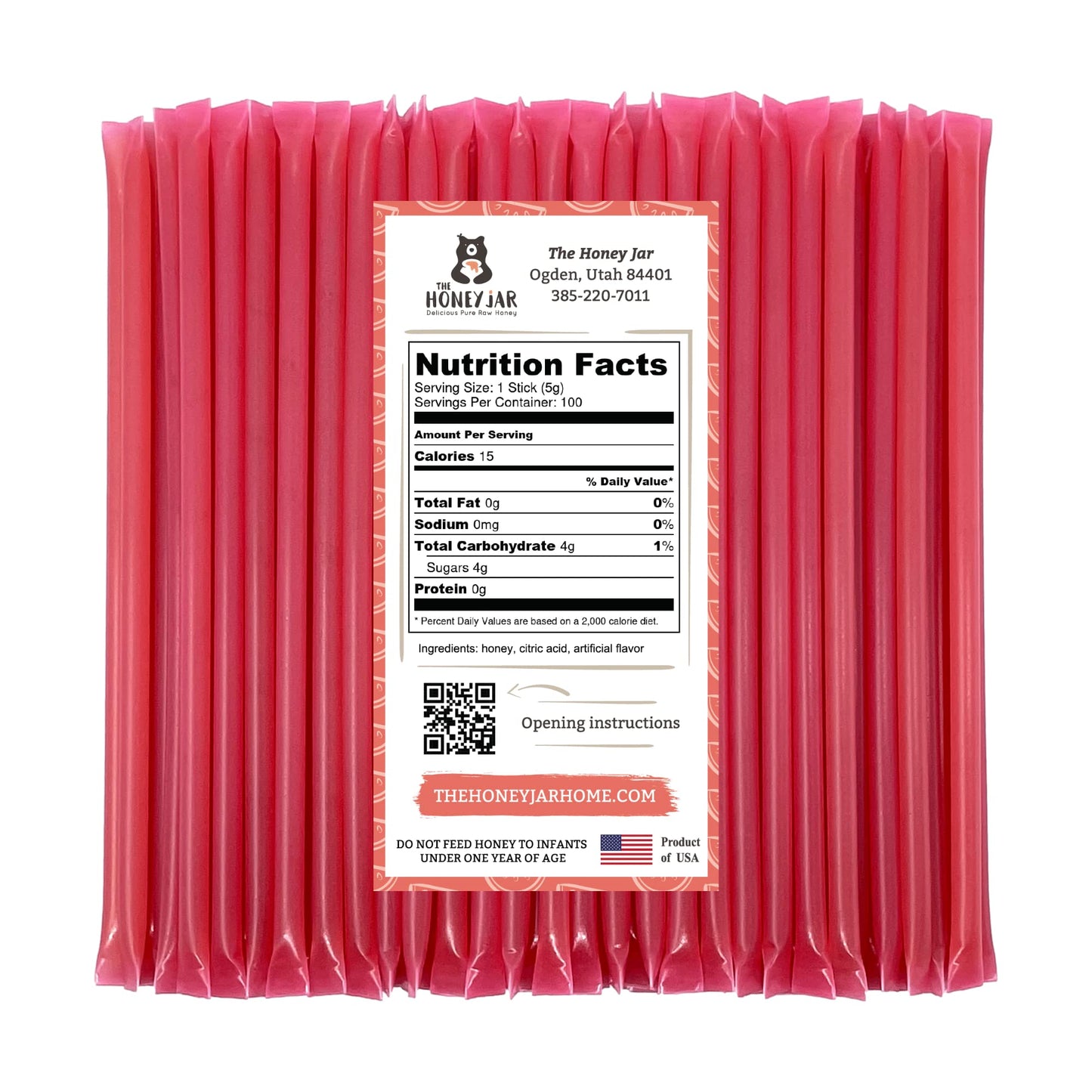 The Honey Jar Watermelon Flavored Honey Sticks - Pure Honey Straws For Tea, Coffee, Or A Healthy Treat - One Teaspoon Of Flavore