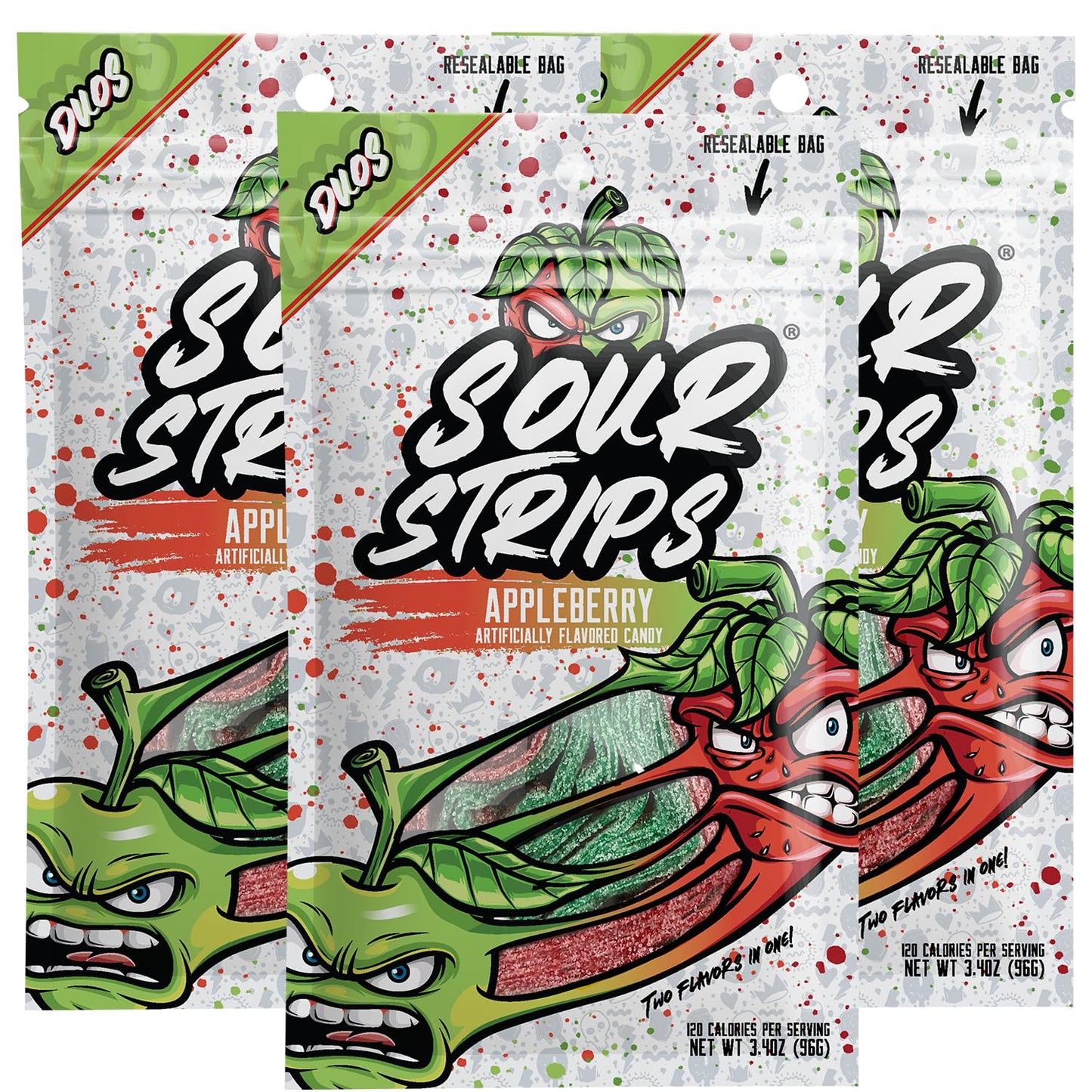 Sour Strips Flavored Sour Candy Strips, Deliciously Sour Chewy Candy Belts, Vegetarian Candies, 3 Pack (Appleberry (3-Pack))