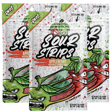 Sour Strips Flavored Sour Candy Strips, Deliciously Sour Chewy Candy Belts, Vegetarian Candies, 3 Pack (Appleberry (3-Pack))