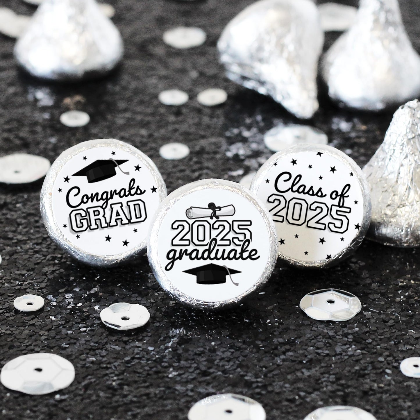 Black And White Graduation Candy Stickers For Kisses Chocolate Drops, Class Of 2025 Grad Party Favors Decorations - 180 Labels,