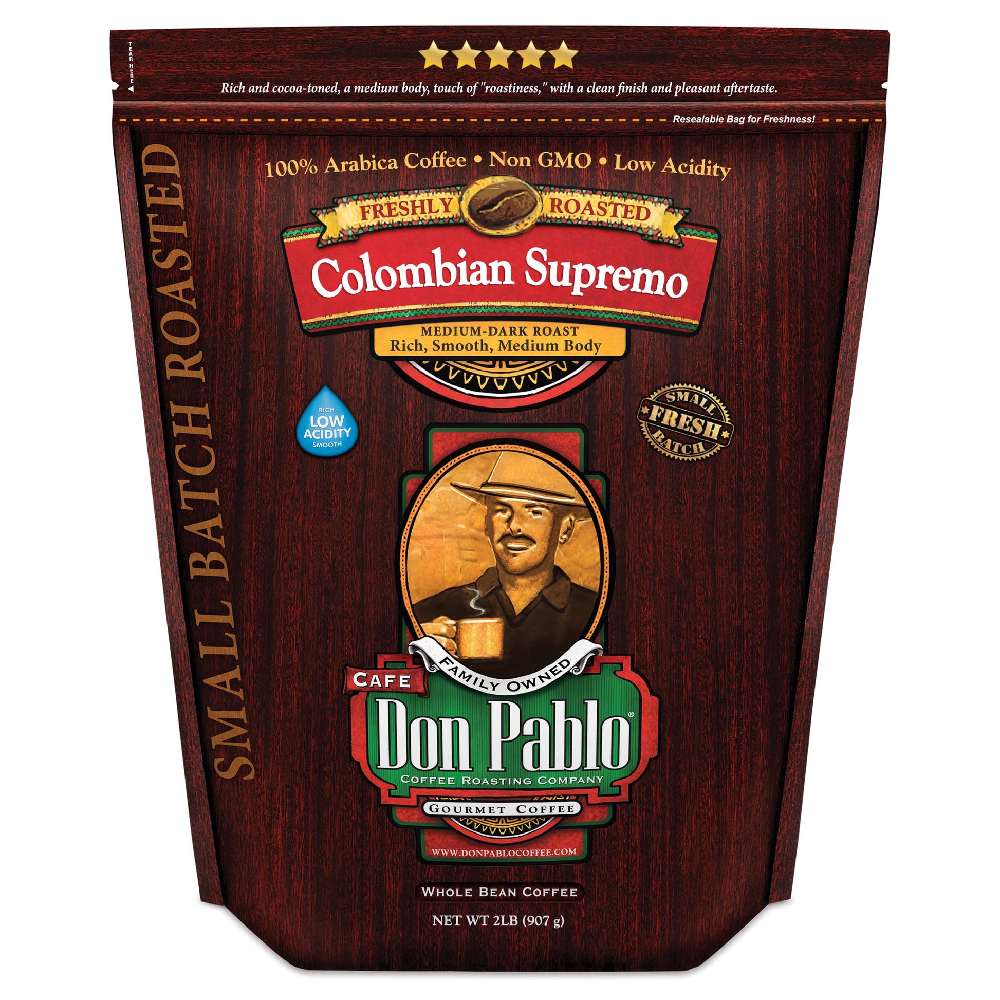 2Lb Don Pablo Colombian Supremo - Medium-Dark Roast - Whole Bean Coffee - Low Acidity - 2 Pound (2 Lb) Bag