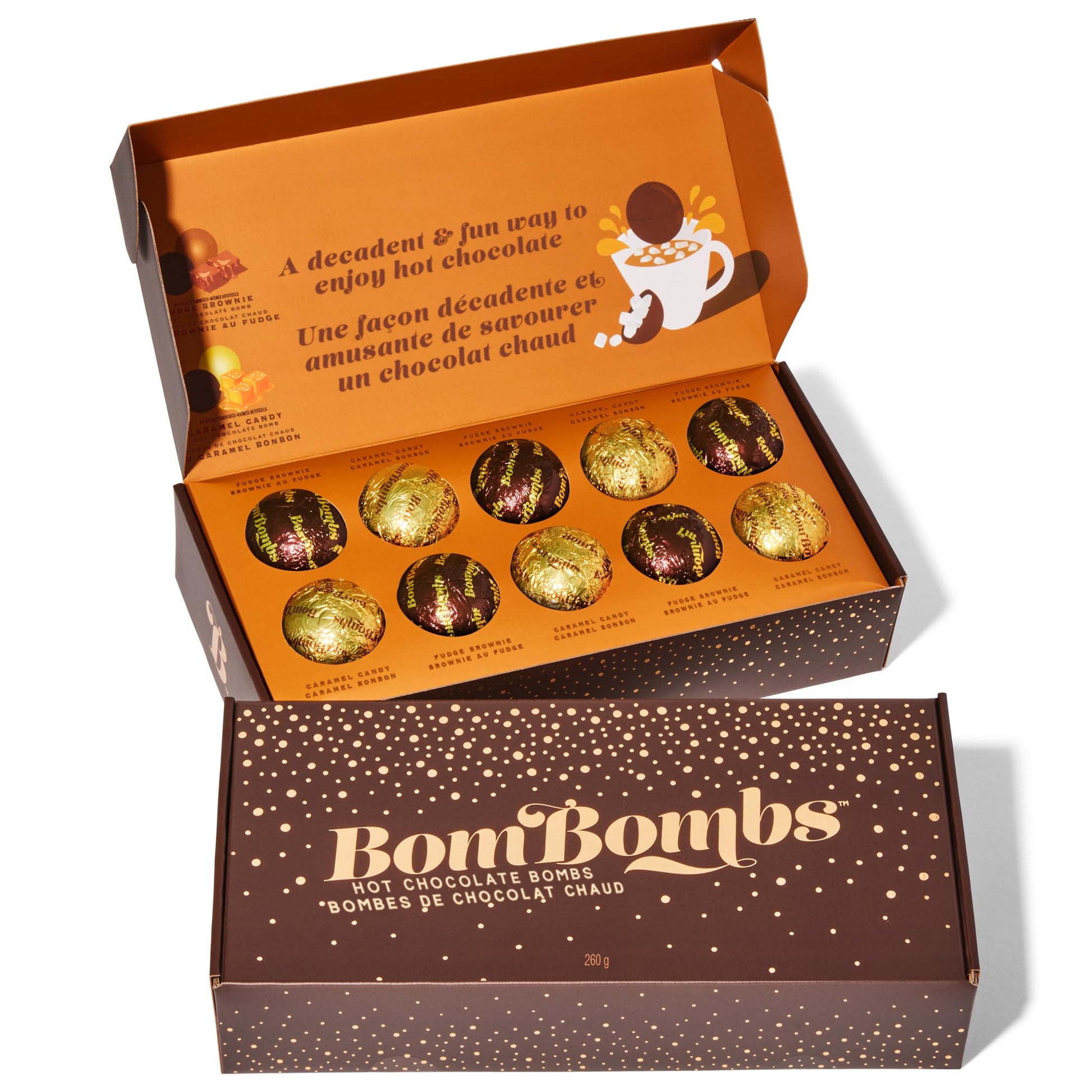  Ombs Hot Chocolate  S, Classic Milk Chocolate Cocoa   Gift Set, Includes 2 Flavors; Caramel Candy And Fudge Brownie Filled With Mini Marshmallows, Set Of 10