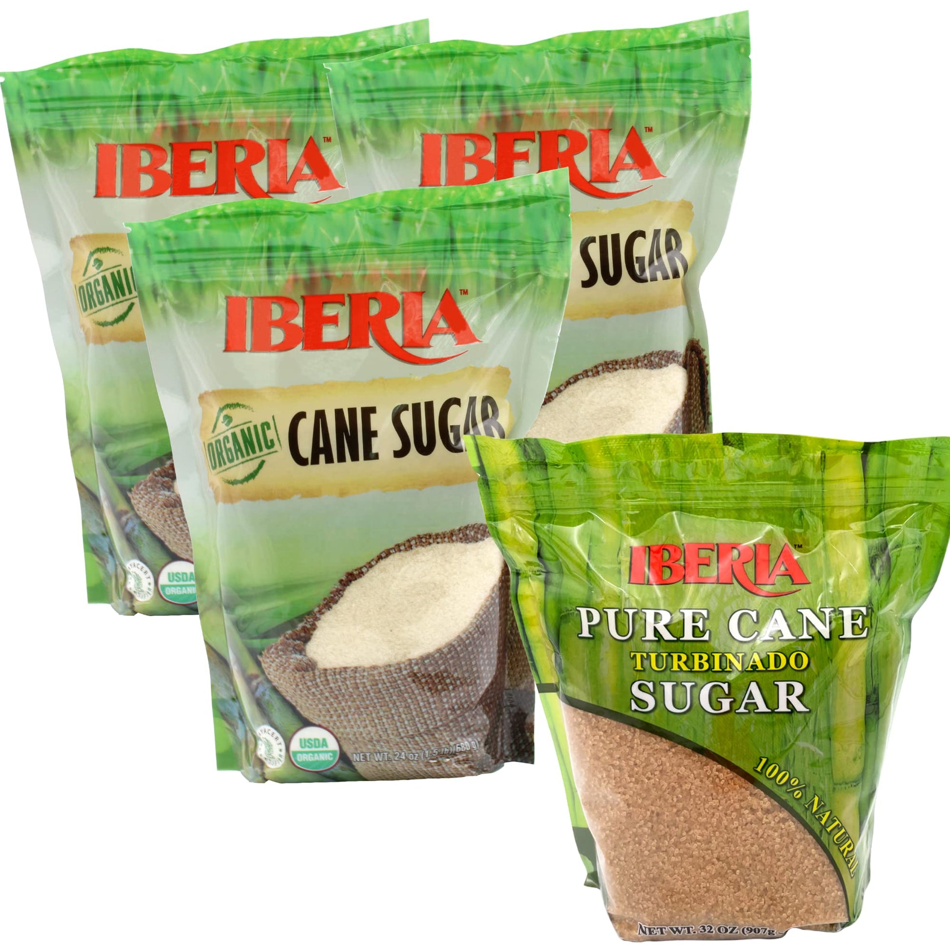 Iberia Organic Cane Sugar, 1.5 lb. (Pack of 3) + Iberia Turbinado Pure Cane Raw Sugar 2lb.