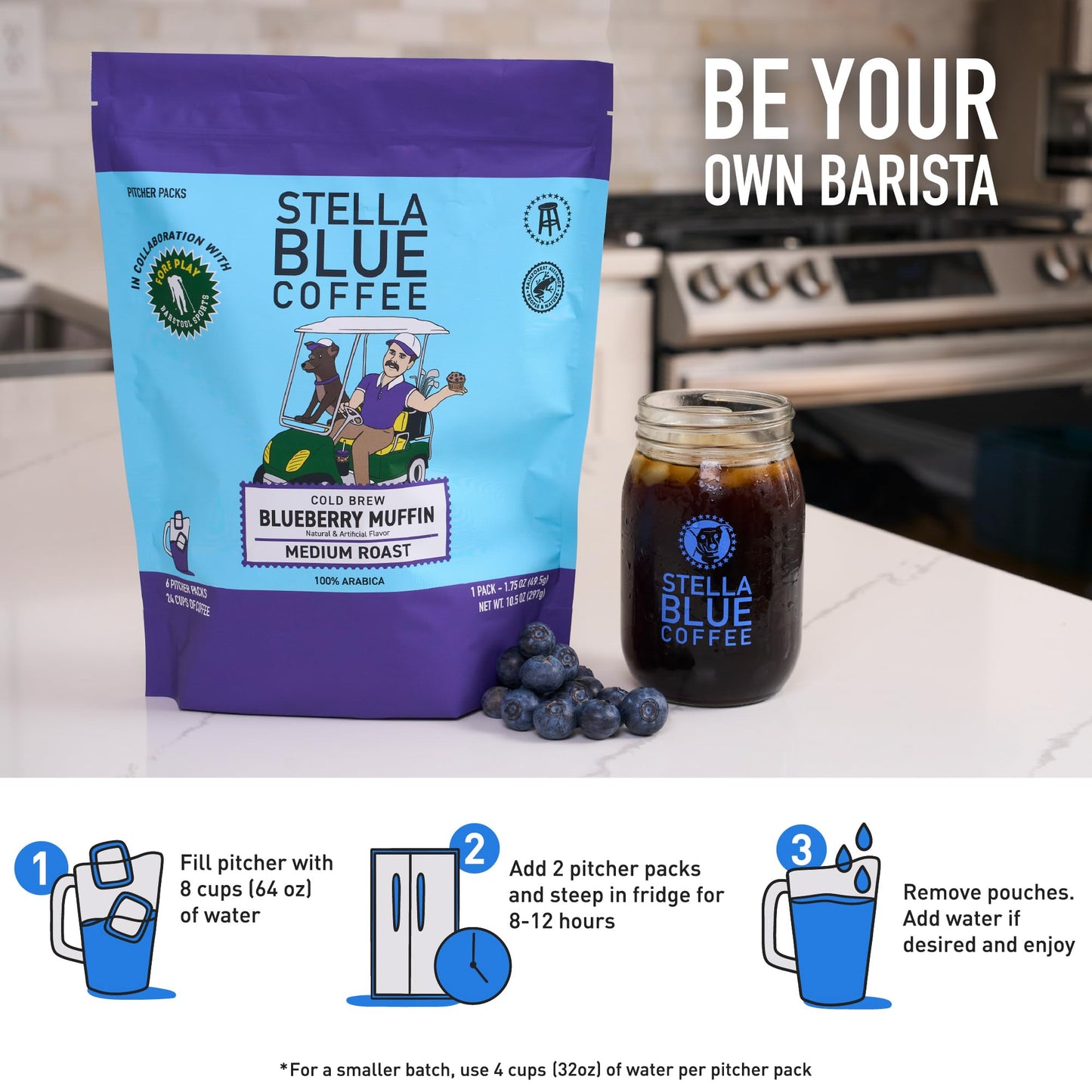 Stella Blue Cold Brew Coffee Bags  Blueberry Muffin  Medium Roast Ground Coffee  Smooth  Bold and Refreshing 100% Arabica  6 Brew Packets  Makes 24 Cups  Rainforest Alliance Certified