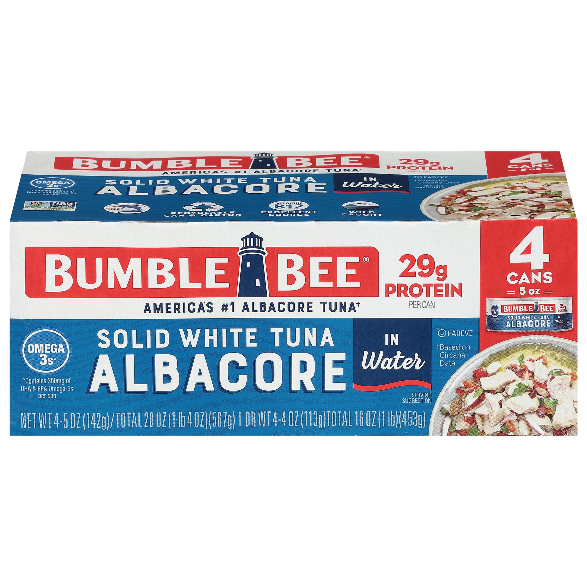 Bumble Bee Solid White Albacore Tuna In Water, 5 Oz Can (Pack Of 4) - Wild Caught Tuna - 29G Protein Per Serving, High In Omega-3S - Non-Gmo Project Verified, Gluten Free, Kosher